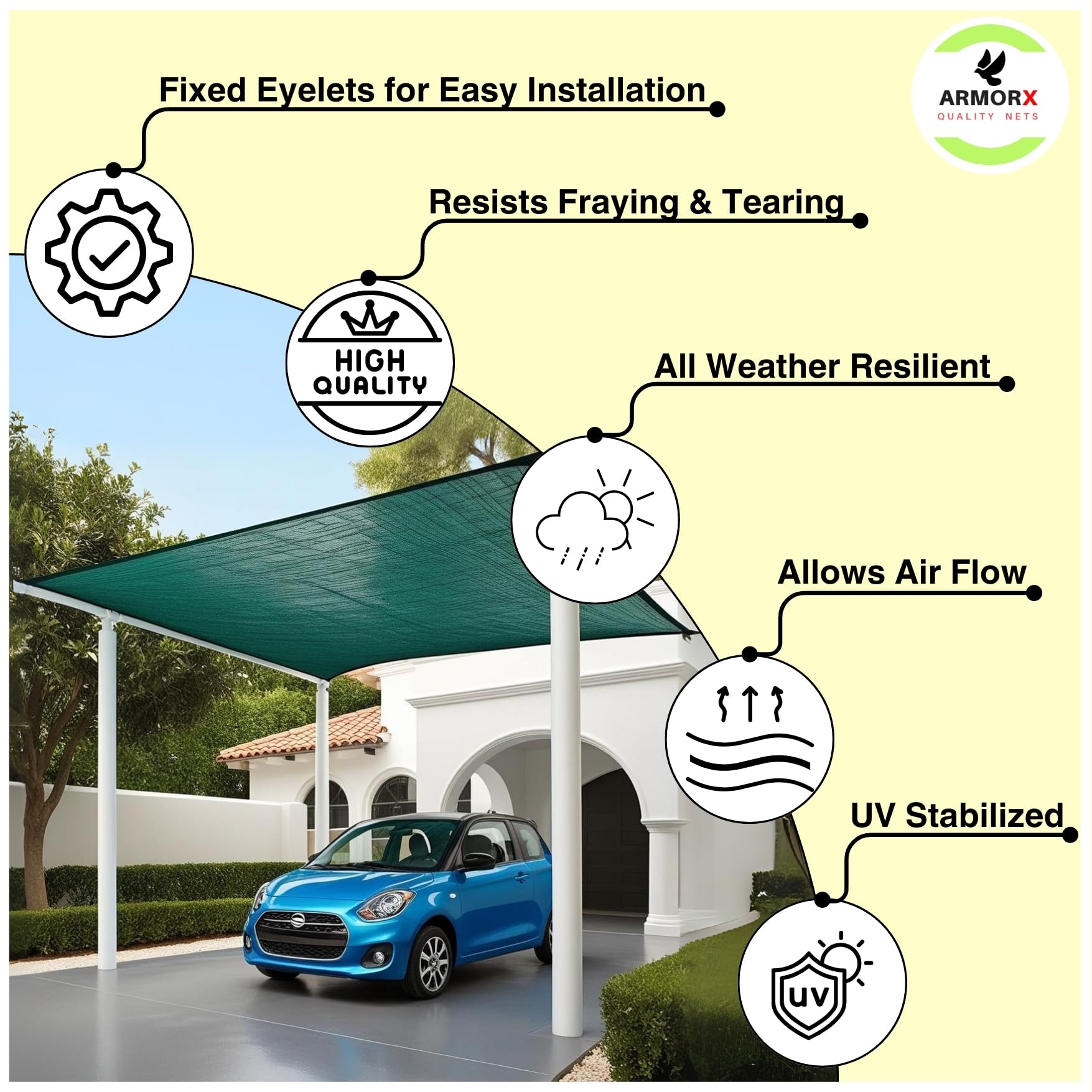 ARMORX Shade Net/Shade Cover for Garden, Greenhouse, Privacy Fencing - UV Stabilized 75% Sun Block with Eyelets Attached for Easy Installation - Green - 10ftx10ft 2