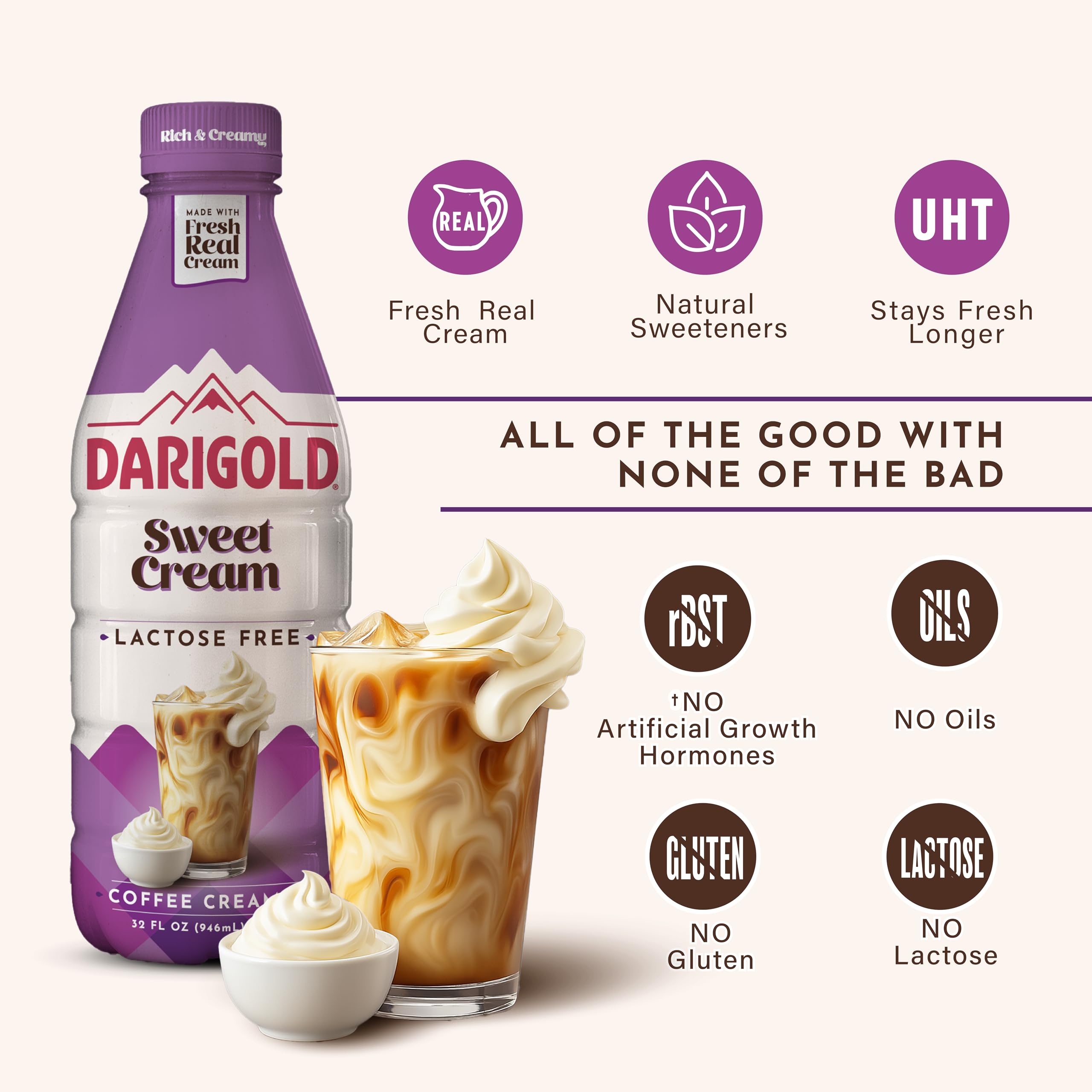 Darigold Lactose Free Sweet Cream Coffee Creamer - UHT Pasteurized, Gluten Free, Kosher, rbST Free Sweet Cream Creamer - Made with No Oils & Fresh, Real Cream - Sweet Cream, 32oz (6 Pack)