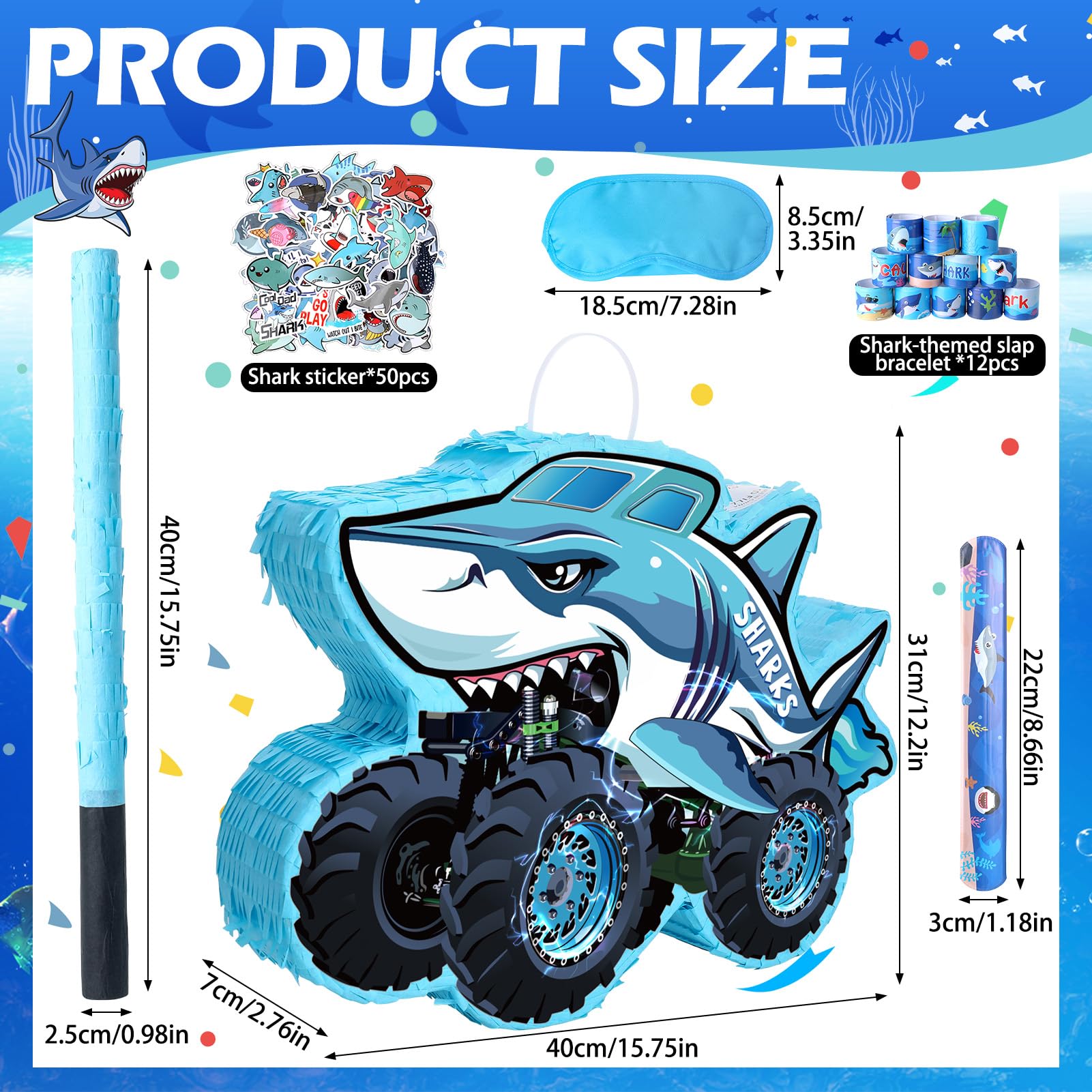 Piñata Shark Truck - Piñata de camión monstruo con venda para los ojos y murciélago para fiestas de cumpleaños, piñata de camión monstruo para decoraciones temáticas de 16 x 12 x 3 pulgadas