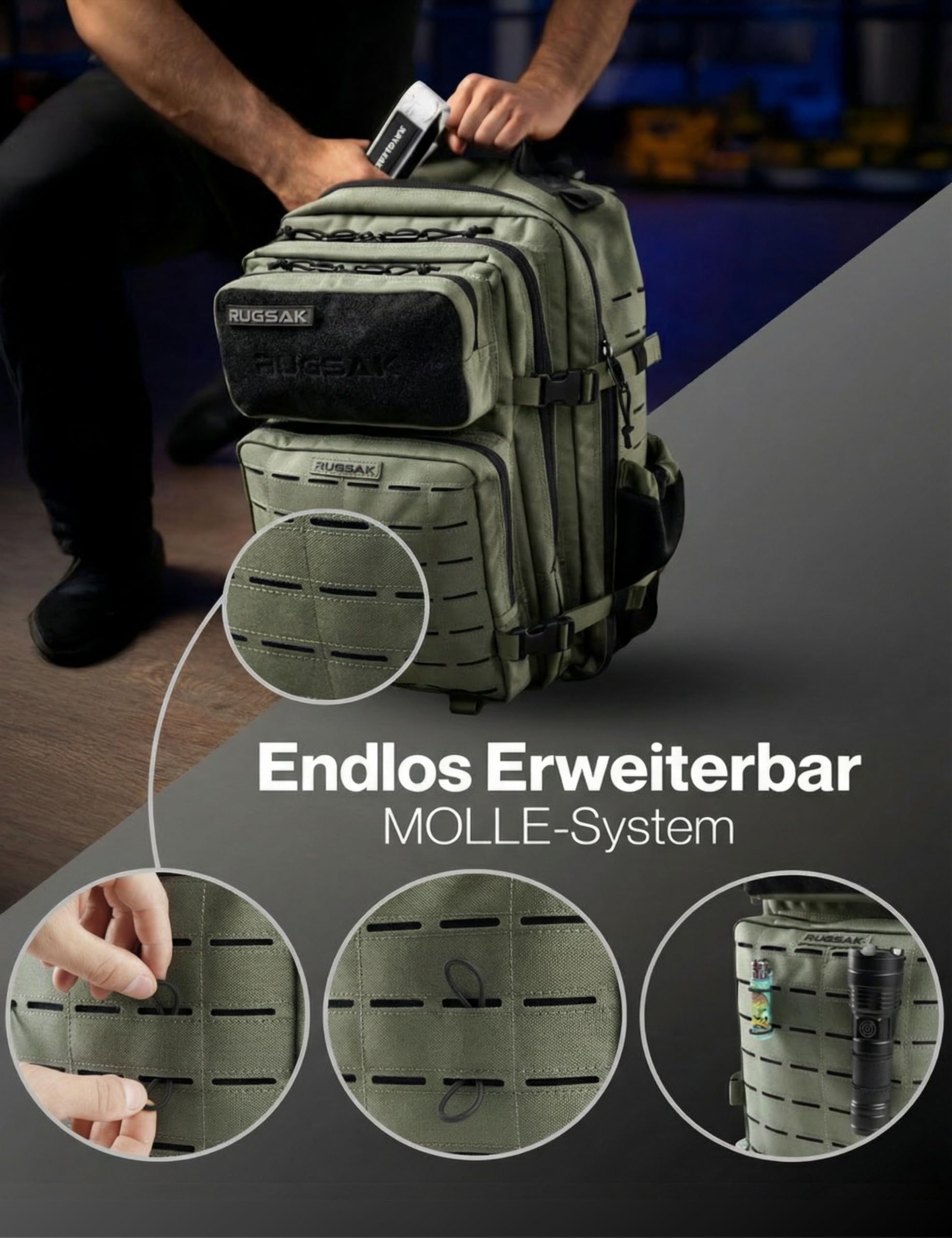 RUGSAK Alpha - Zaino tattico da 20-45 l, impermeabile ed estremamente robusto, per attività all'aperto, lavoro, escursionismo, campeggio e palestra, zaino da viaggio Molle, unisex, acciaio grigio