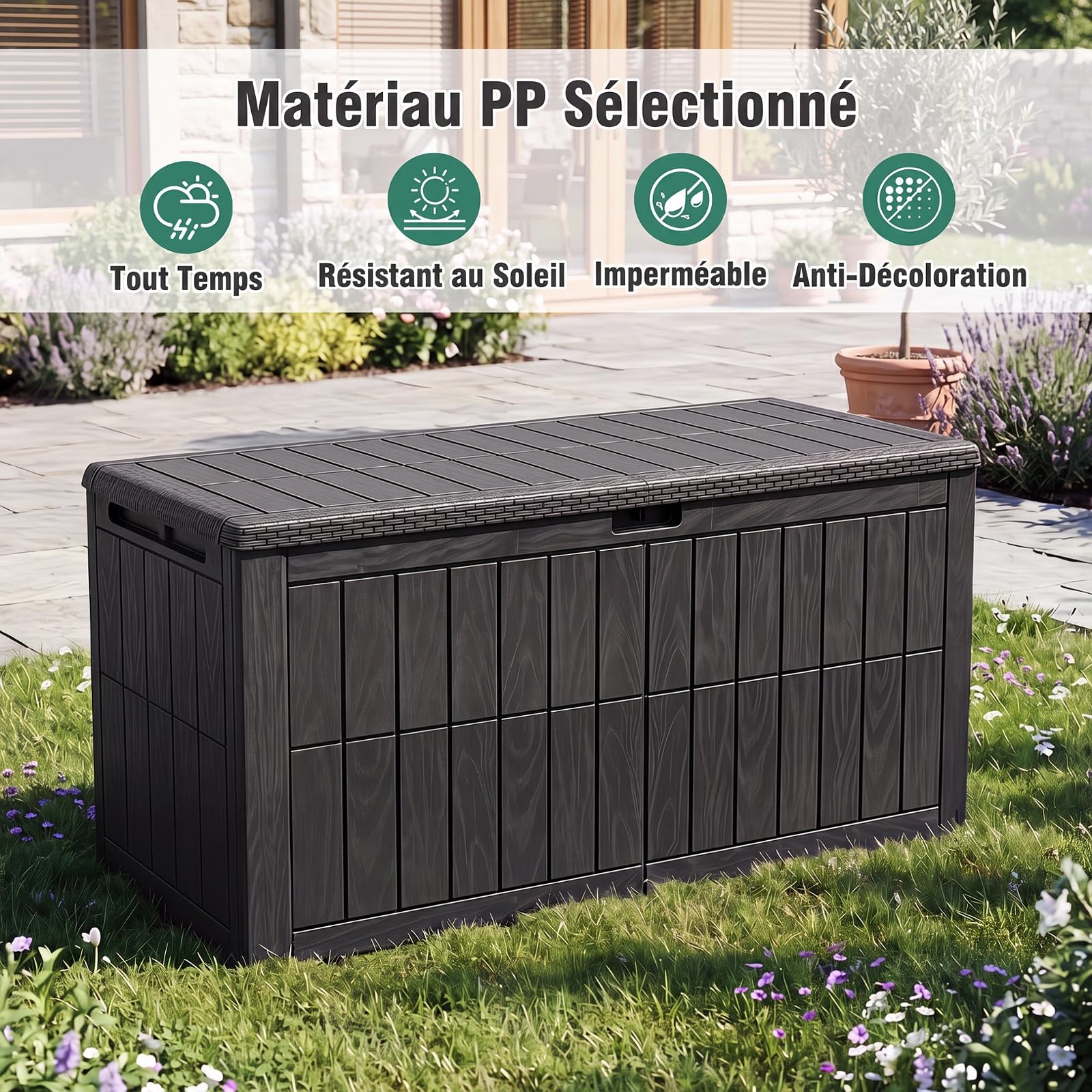 GYMAX Coffre de Rangement Exterieur Imperméable, Coffre de Jardin avce Couvercle Verrouillable, Poignée, pour Terrasse, Balcon (545L,Noir)