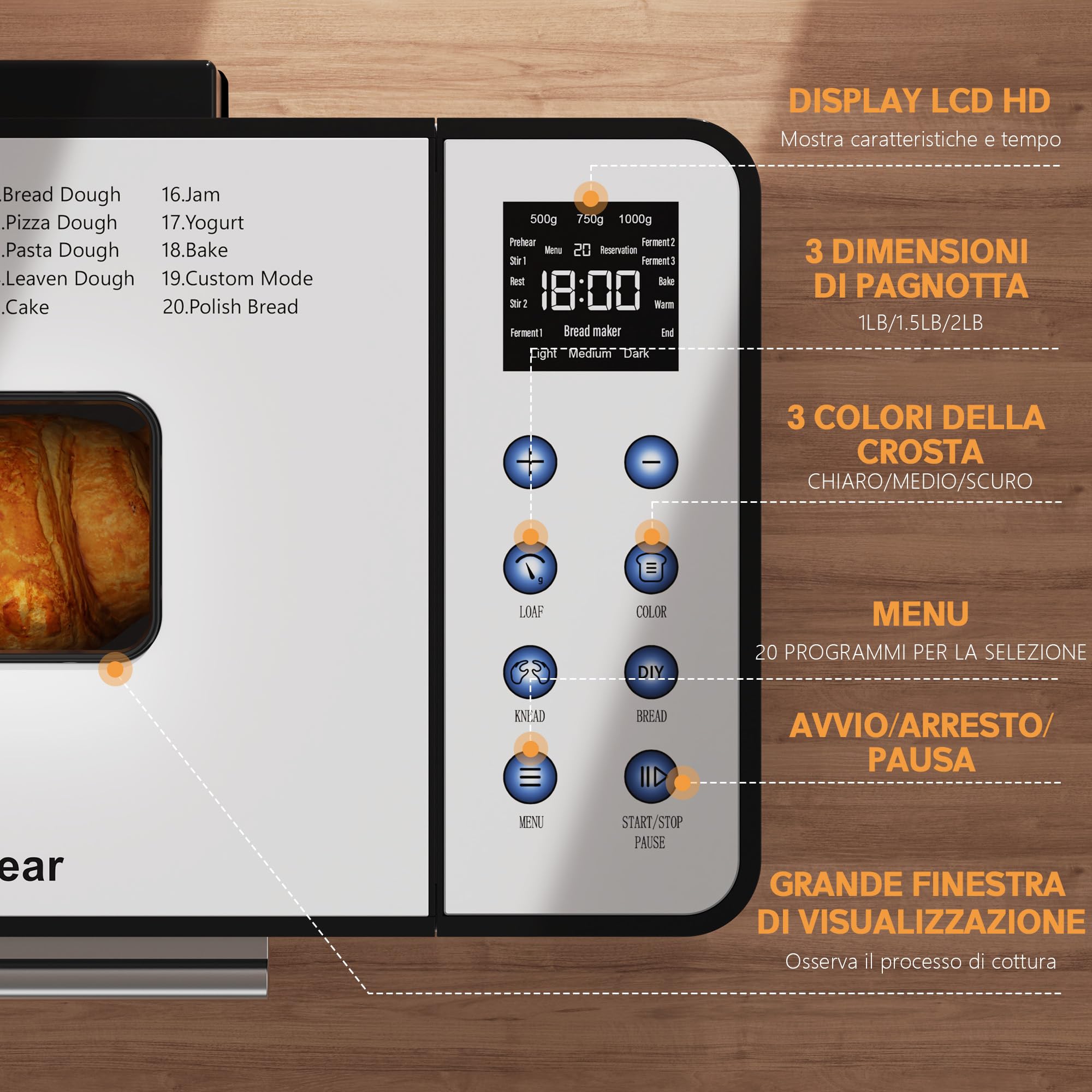 Karinear Macchina del Pane Automatica, Macchina per Fare Il Pane di 20 Programmi Cottura per 500g, 750g, 1kg, Timer da 15 Ore, Mantenimento, Display LCD, per Pizza, Pasta, Senza Glutine Cuocere, 650W