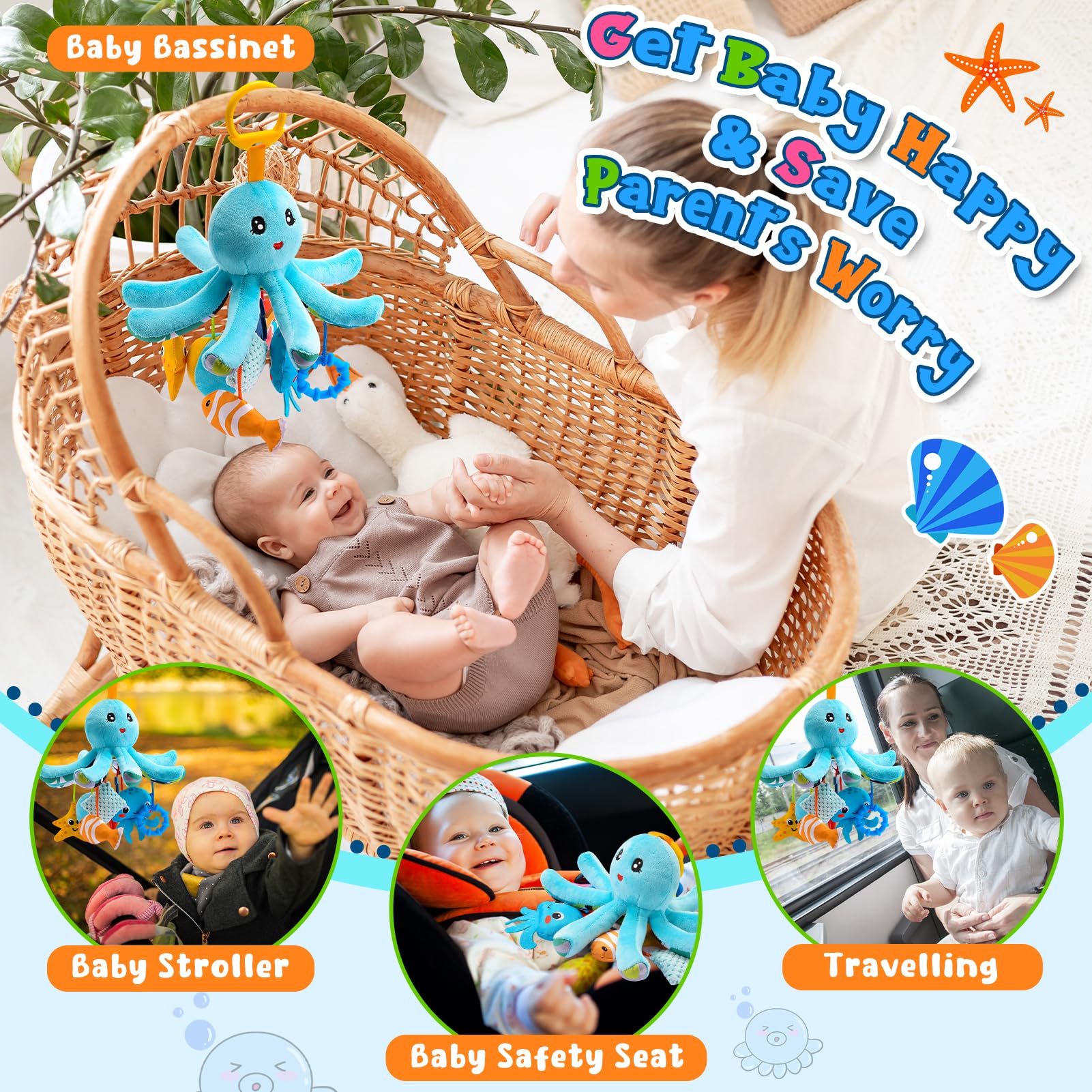 HappyKidsClub Pluszowa ośmiornica dla niemowląt w wieku 0-18 miesięcy – z 8 wiszącymi zabawkami sensorycznymi i lusterkiem – zabawka motoryczna Baby Montessori do wózka dziecięcego (nadaje się do