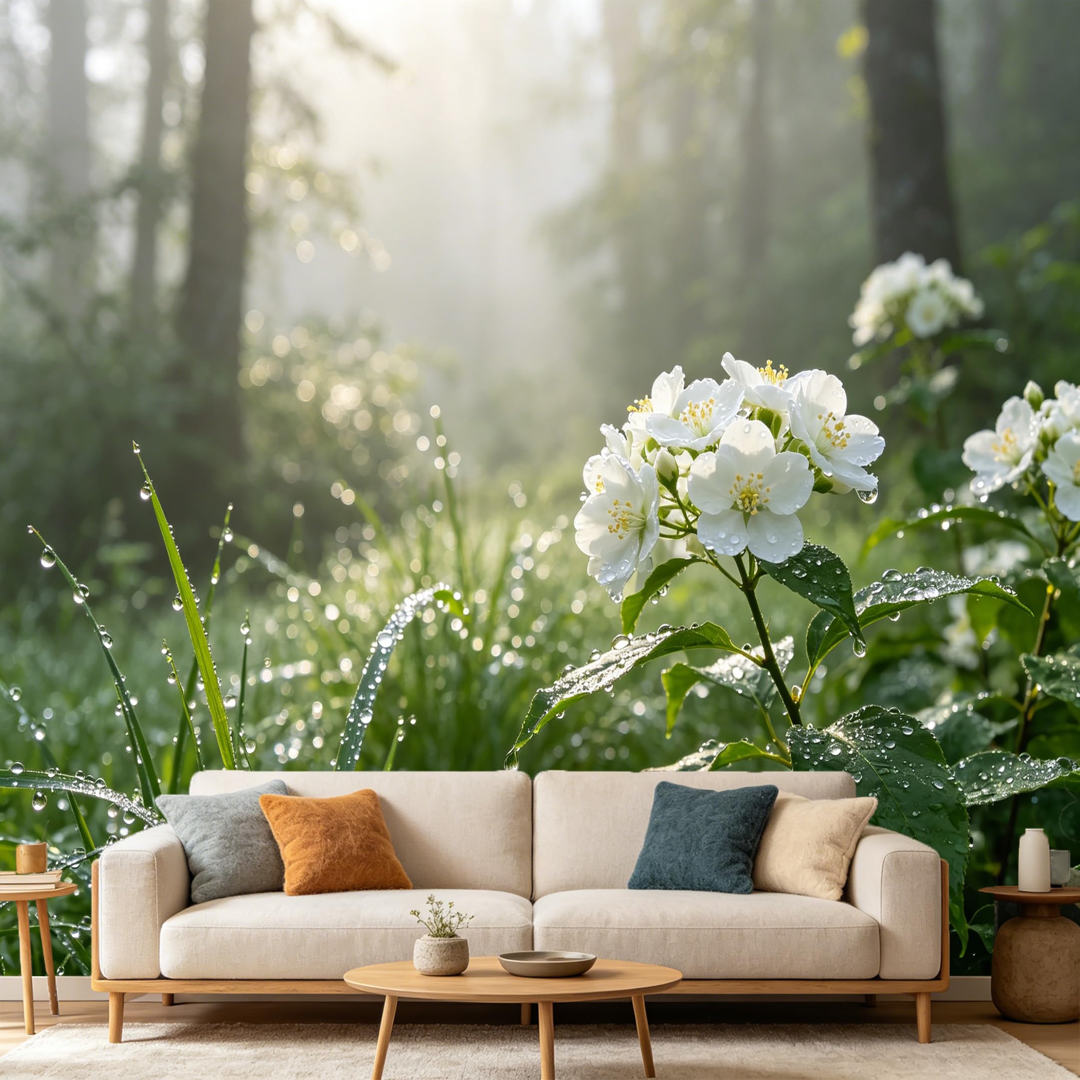 Custom Size Wall Mural Botanical Forest White Jasmine Flower Dewy Sunlight SelfAdhesive Art Prints wall Fabric（No PVC） Removable Wallpaper Home Bedroom Decor