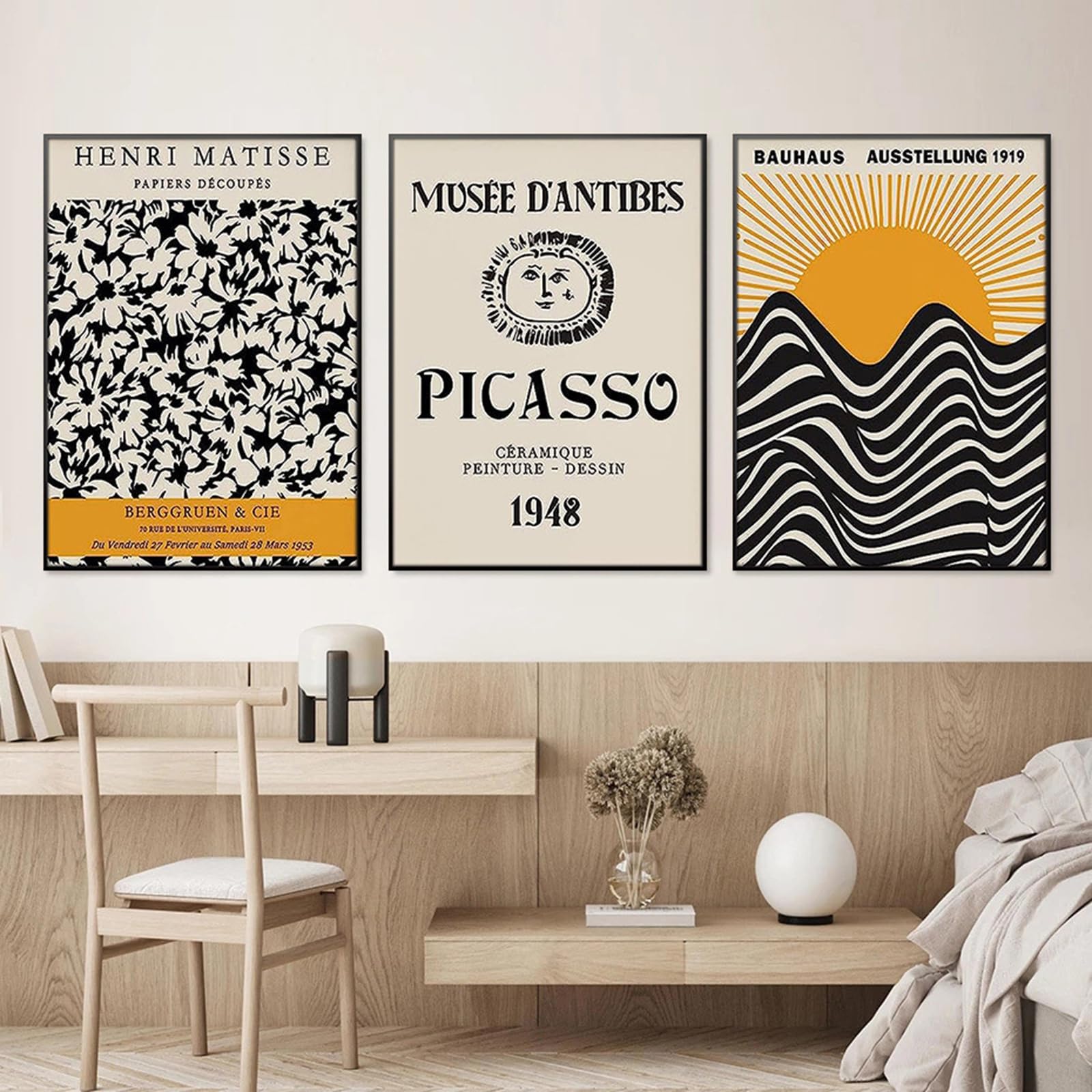 ZBELLO Set of 3 Posters, Matisse Bauhaus Picasso Abstract Flowers Sunrise Canvas Prints, Mid-Century Style Art Wall Hangings for The Living Room, Bedroom, Office and Home Decor, Unframed (30x40cm)