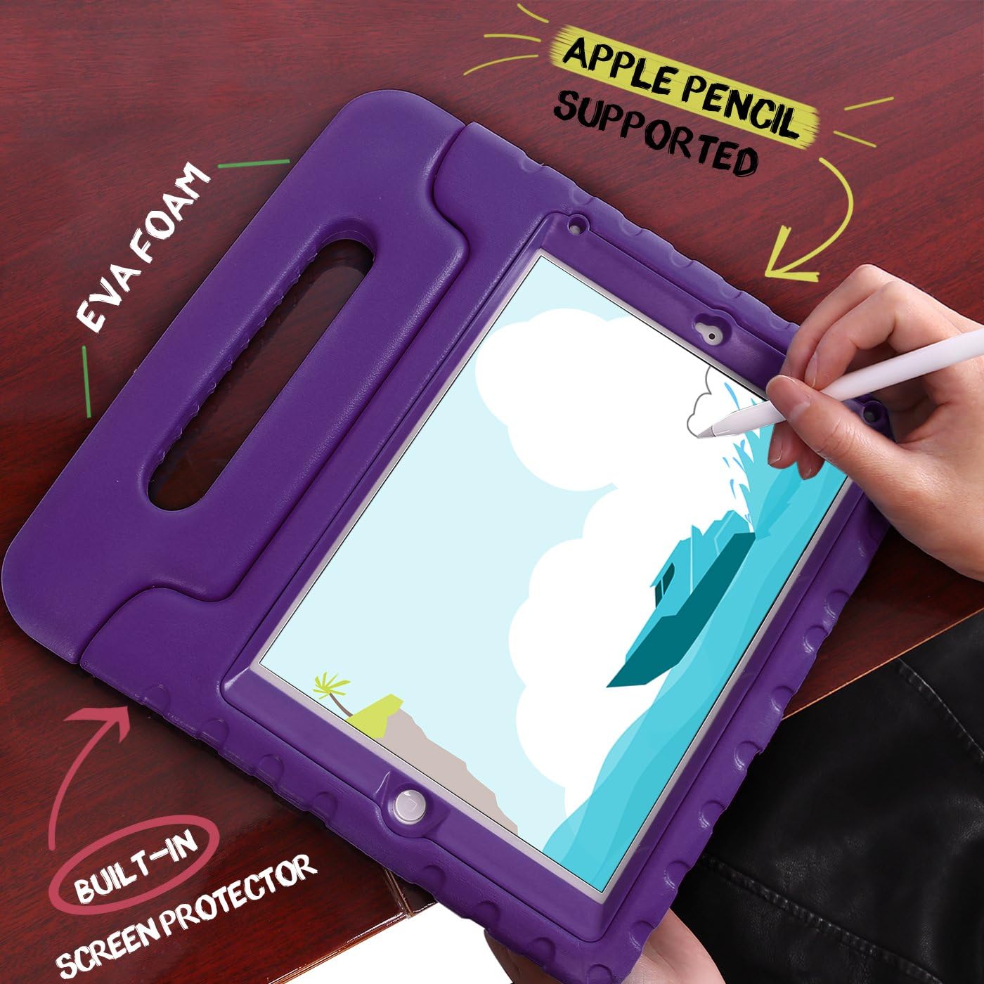 HDE Case for iPad 9.7-inch 2018/2017 Kids Shockproof Bumper Hard Cover Handle Stand with Built in Screen Protector for New Apple Education iPad 9.7 Inch (6th Gen) / 5th Generation iPad 9.7 - Purple