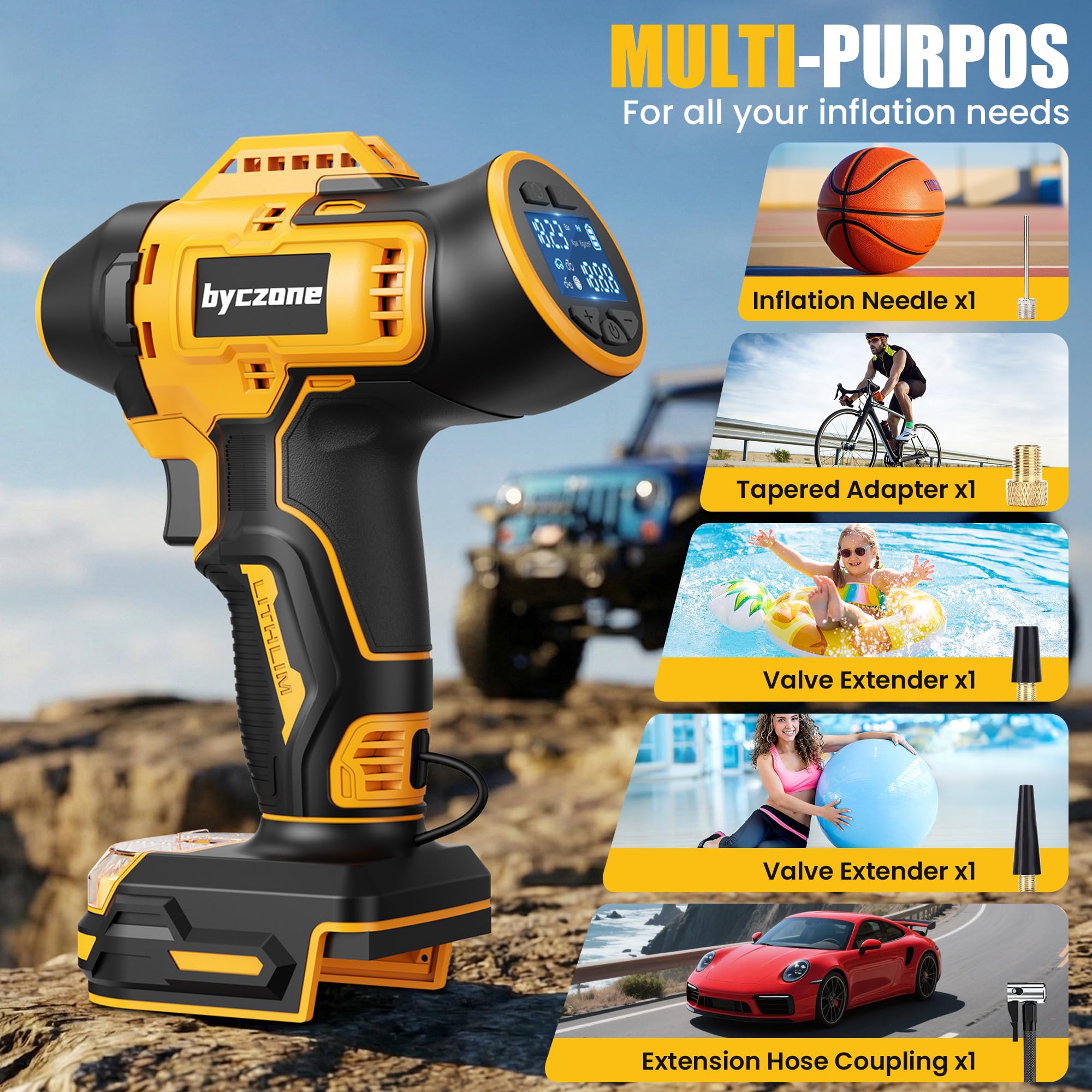 Gonfiatore per pneumatici compatibile con batteria Dewalt 18V, compressore d'aria senza fili da 160 PSI con manometro digitale LCD, spegnimento automatico e gonfiaggio rapido, gonfiatore per