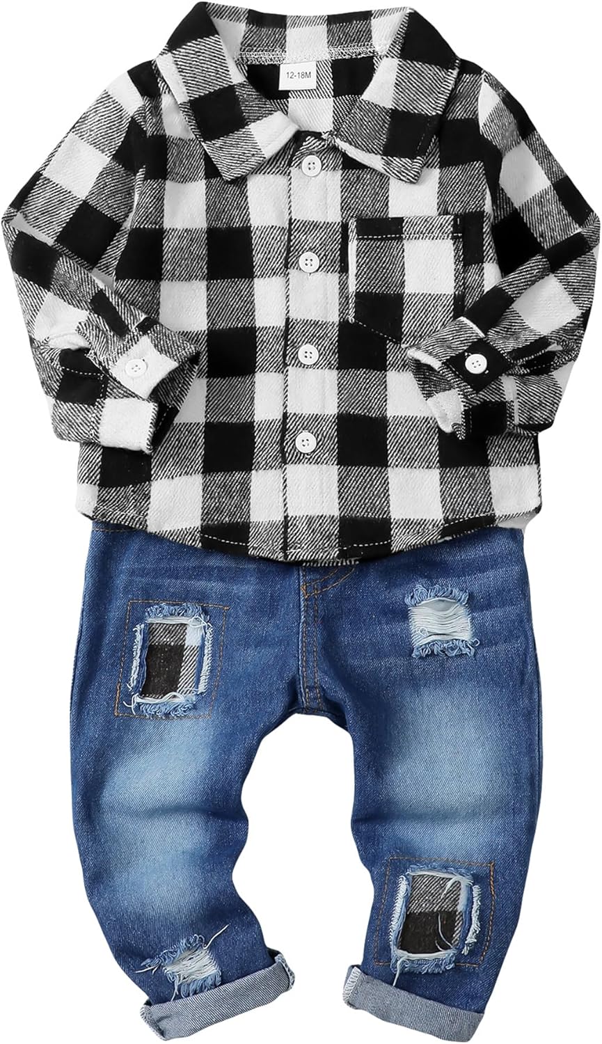 NZRVAWS Toddler Baby Boy Clothes Infant Plaid Pocket Shirt Denim Ripped Jean Pants Outfits Set 6-24 Months 2-5T