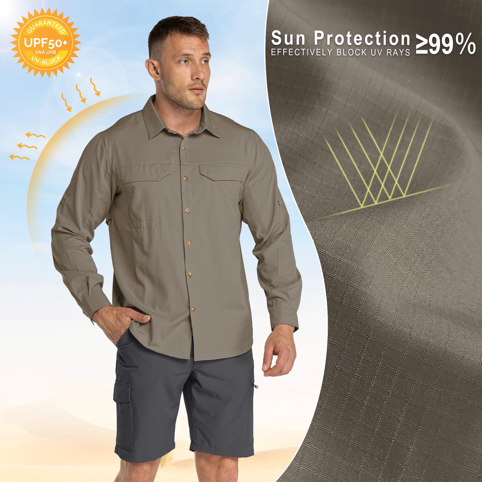 33,000ft | Camisa de pesca de manga larga para hombre, con botones, protección UV UPF50+, transpirable, mangas enrollables