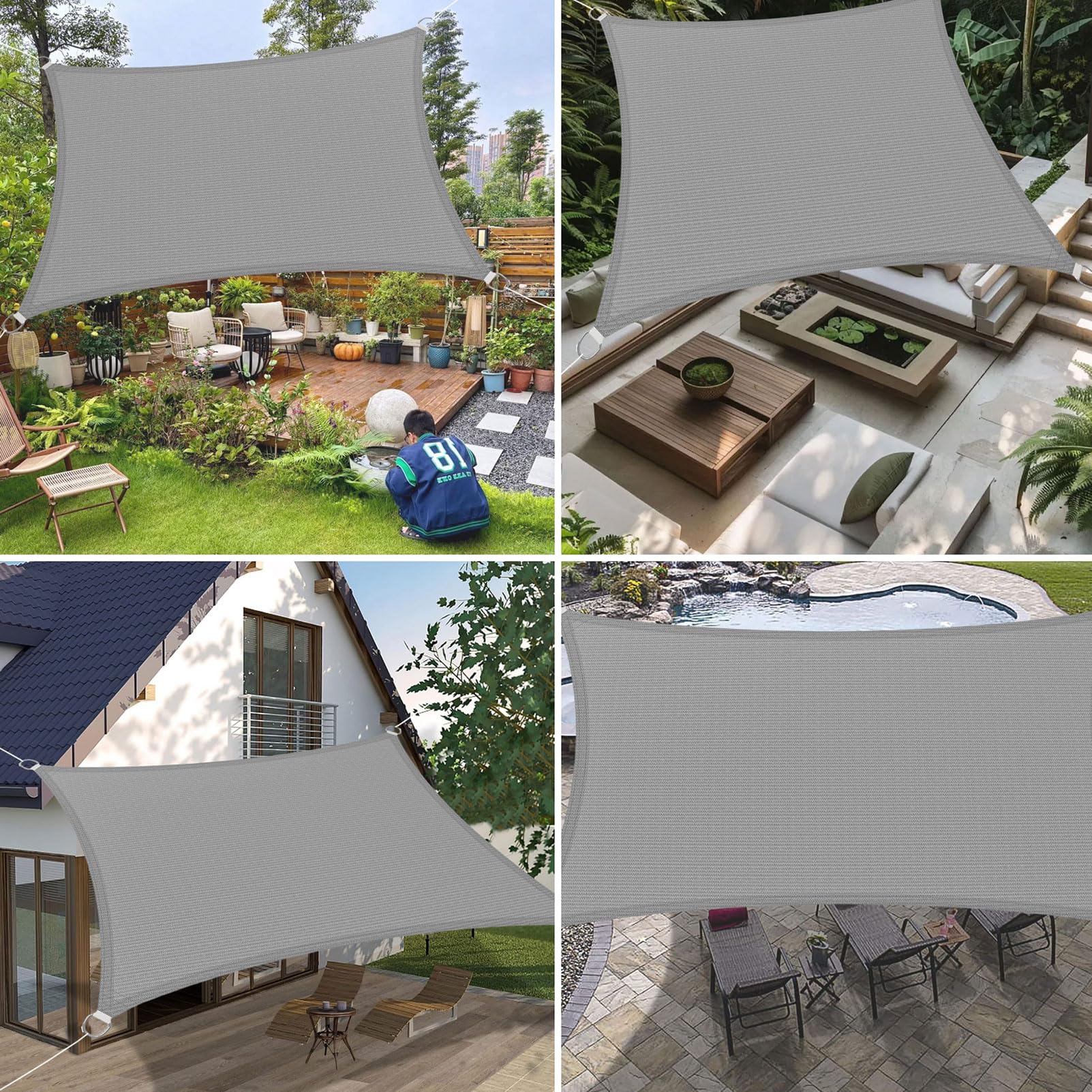 Sonnensegel Rechteckig 150 x 200 cm Rechteckig 95% Uv-Schutz Windschutz HDPE Atmungsaktiv Sonnenschutz Sonnentuch mit Kordel für Terrasse Garten Außenbereich(Anpassbar), Hellgrau