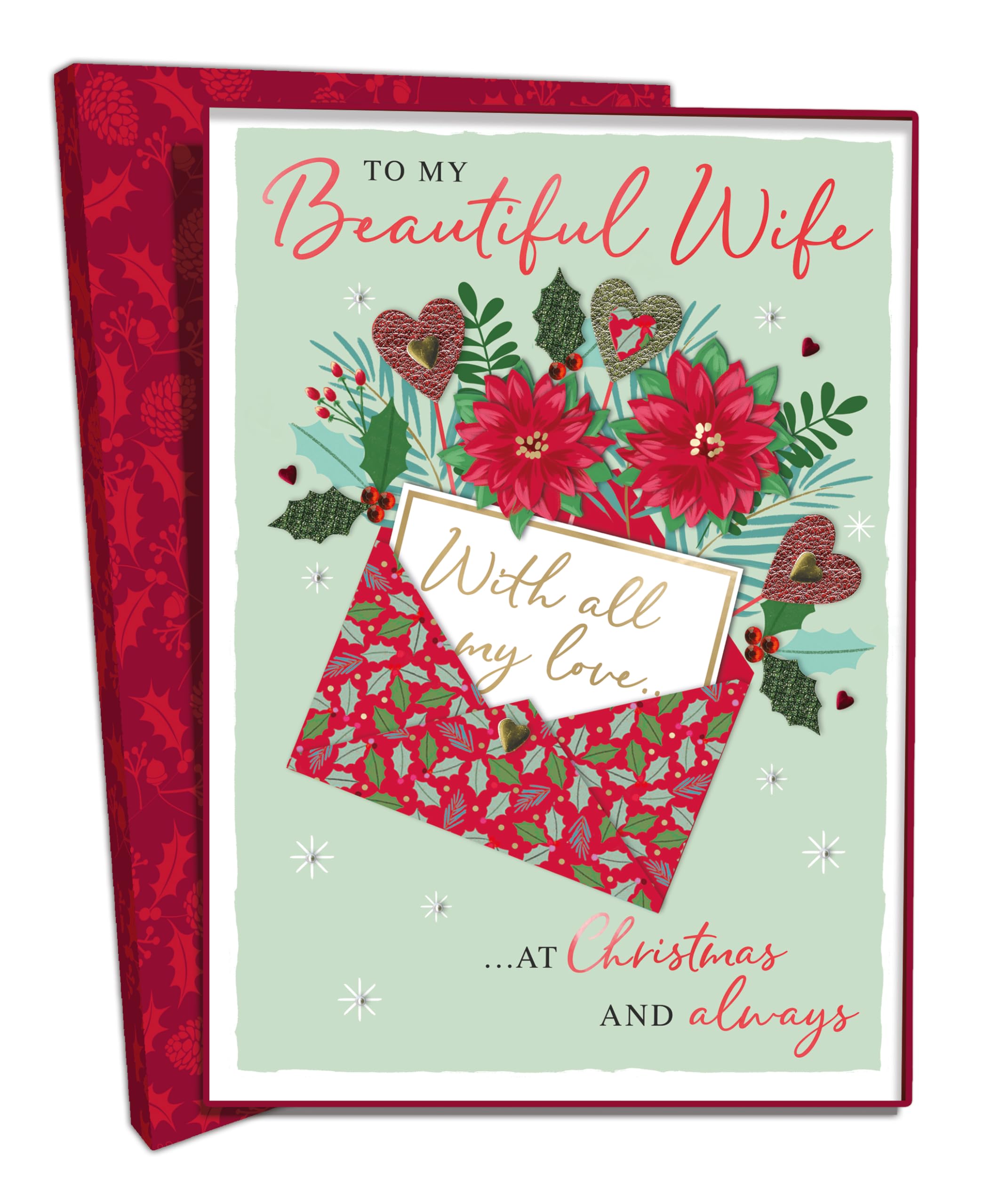 Beautiful Wife Christmas Card Boxed Luxury Lavish Embellished A4 Keepsake Card - Lavish - By Second Nature - Handmade, Festive, Heartfelt Message, Elegant, Keepsake, Eco-Friendly, Thoughtful Gift