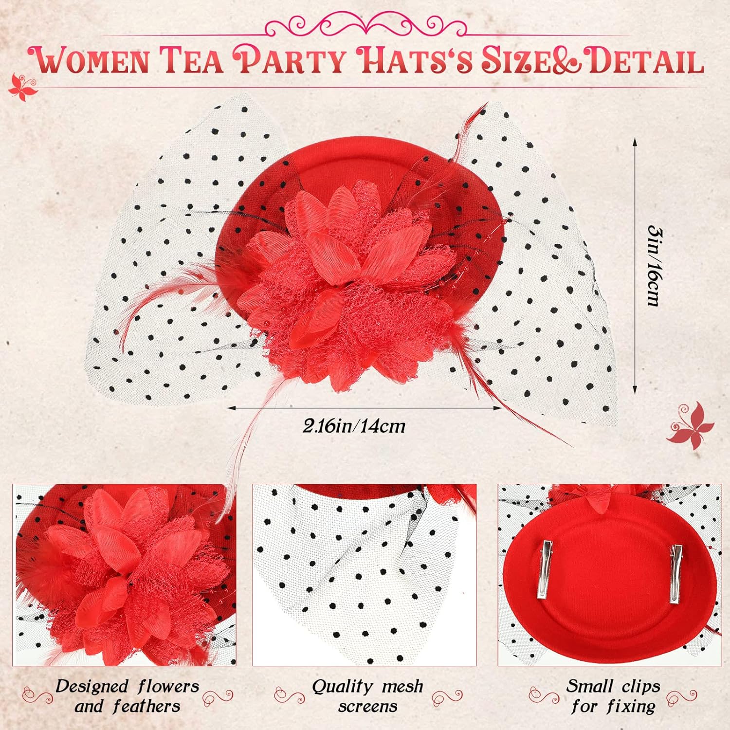 Jeyiour 9 Pcs Fascinators Hats Tea Party Feather Pillbox Hat with Clips for Women Halloween Veil Flower Hat, 9 Colors - Image 2
