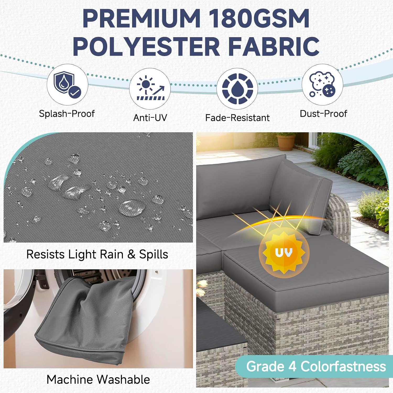 HOMREST 9-Piece Outdoor Replacement Cushions for 4-Seat Patio Sofa, Water-Repellent & Non-Slip, Deep Seat Cushion Set for Rattan Wicker Sectional Conversation Sets, Gray