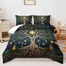 AILONEN Tree of Life Comforter Set Queen Size,3-Piece Bohemain Tree of Life Bedding Set for Boys Girls All Season,Starry Night Sun and Moon Plant Printed Quilt with 2 Pillowcases
