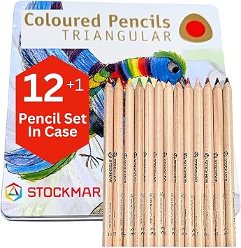 STOCKMAR 12pcs Triangle Colored Pencils + 1 Graphite Pencils in Tin Case Professional Art Supplies for Adults Perfect for Artists and School Supplies, Colored Pencils for Kids at Home and Classroom