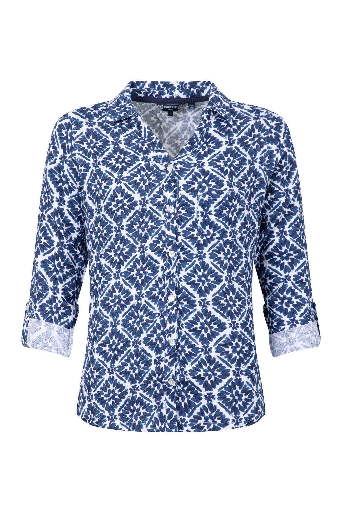 Weird Fish Women's Syona Double Cloth Printed Shirt in Mid Blue | Size: 20