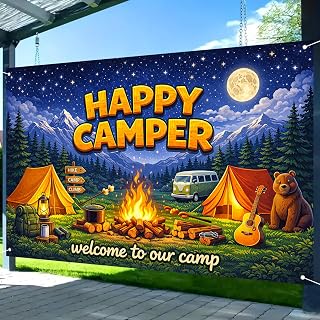 Nuxovilar Camping Party Decorations Night Campfire Mountain Tent Scene Banner Polyester 70.87x43.31 Inches Happy Camper Pattern Camping Backdrop Display For Outdoor Party Festival Gathering
