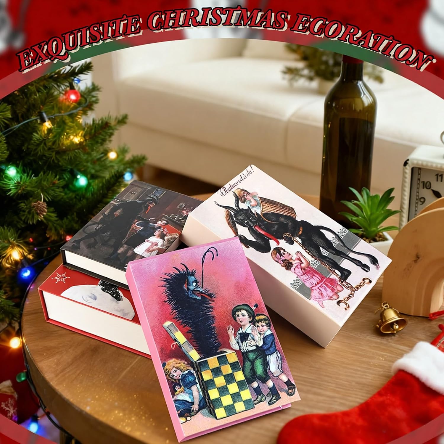 Cholemy Set of 4 Christmas Decorative Faux Book Storage Box Vintage Paper Table Centerpieces Christmas Holiday Shelf Decor with Hidden Storage for Home Bookshelf Office Table Decor (Krampus Style)
