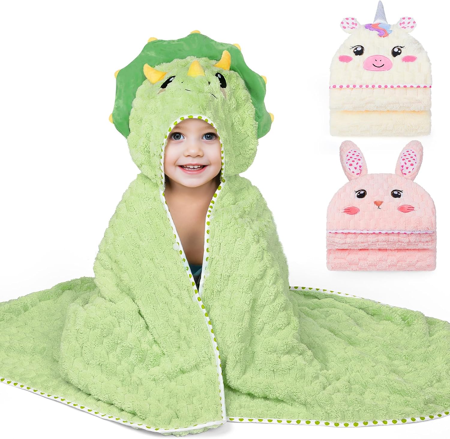 FIOBEE Toddler Bath Towel with Hood Baby Towels, 55x28 inch Large Soft Absorbent Kids Hooded Towels for 1-5 Years Old Baby Girls Boys Bath Beach Essentials Blanket, Green Dinosaur