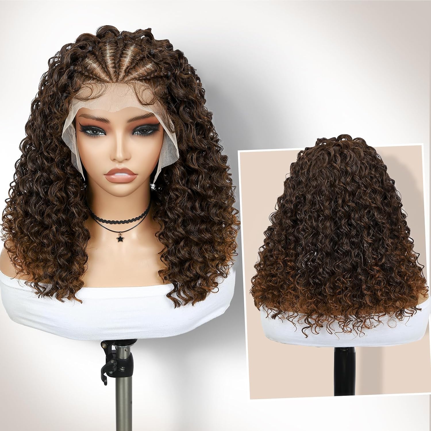 WIGER Braided Wigs for Black Women Curly Bob Lace Front Wig Glueless Knotless Curly Lace Frontal Hair Wig with Baby Hair Ombre Brown 13X4 Transparent HD Lace Synthetic Water Wave Wig