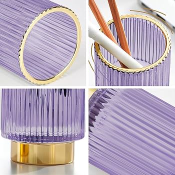 Pot à Pinceaux De Maquillage En Verre Rayé DASITON - Design Vintage Avec Bord Doré, Fond Antidérapant, Pour Bureau Ou Salle De Bain (lot Ambre S+L)