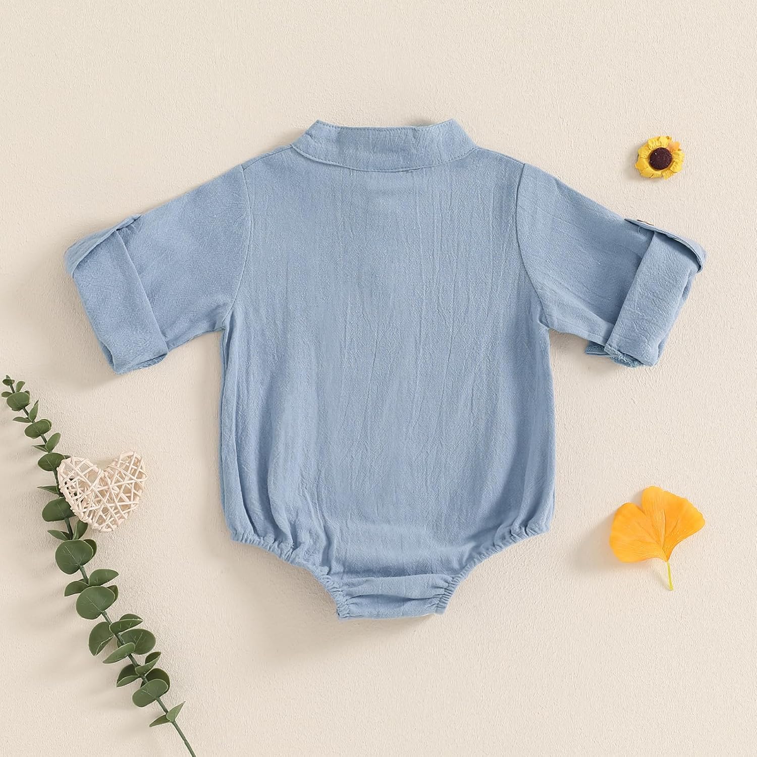 Karuedoo Newborn Baby Boy Clothes Cotton Linen Shirt Bodysuit Button Up Roll Up Long Sleeve Romper Jumpsuit One-Piece Outfit - Image 4