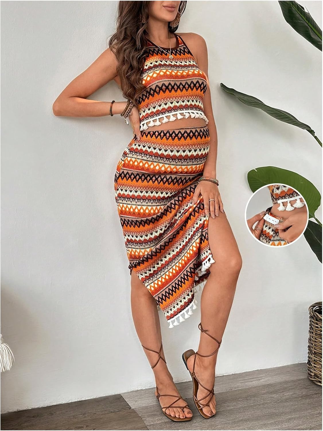 OYOANGLE Women's 2 Piece Maternity Outfits Chevron Tassel Halter Top with Slit Skirt Pregnancy Clothes