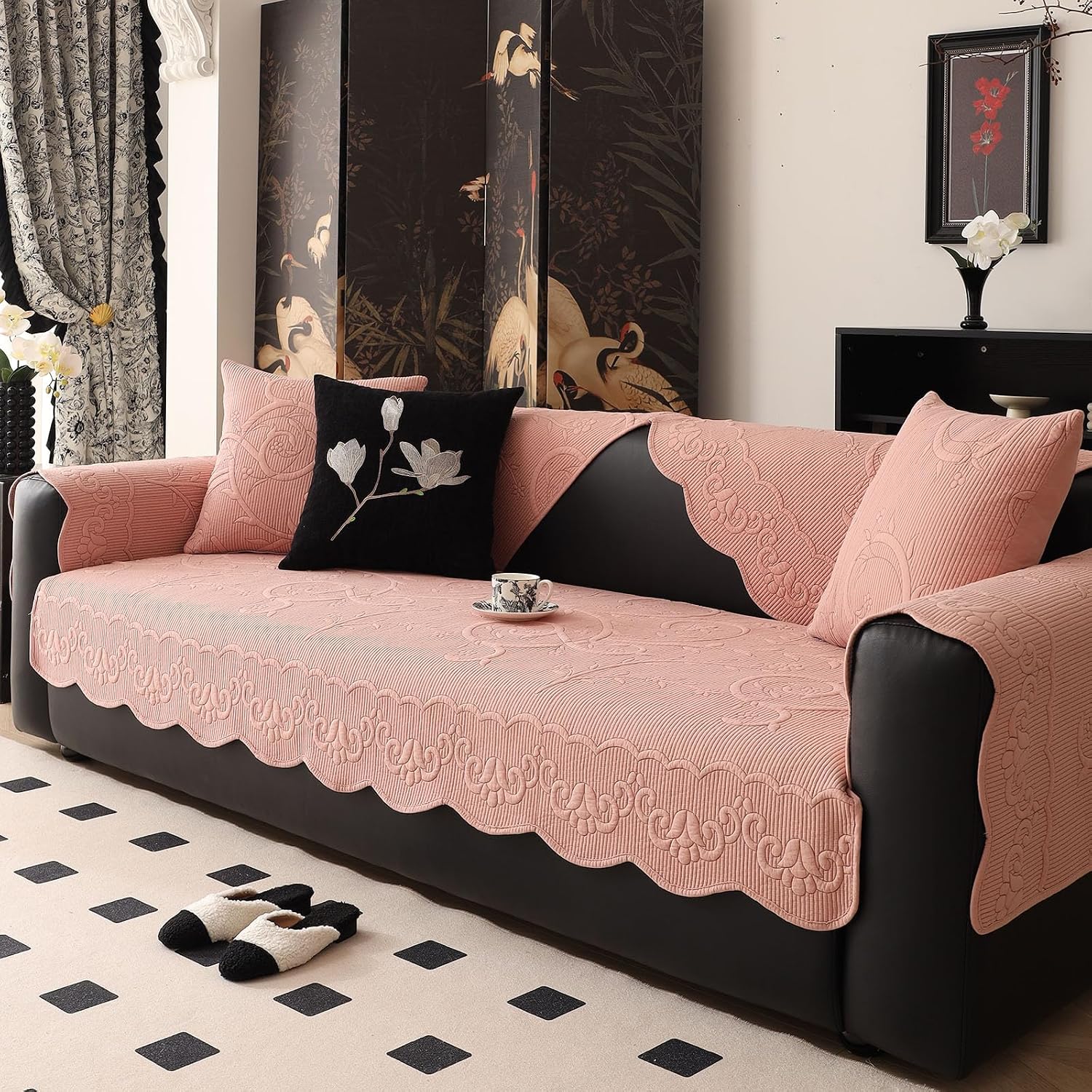 Soft Cotton Sofa Cover Sectional Couch Cover Boho Farmhouse Embroidery Sofa Slipcover Anti-Slip Washable L Shaped Couch Cover for Dogs Cats Pet (Pink,36"x94")