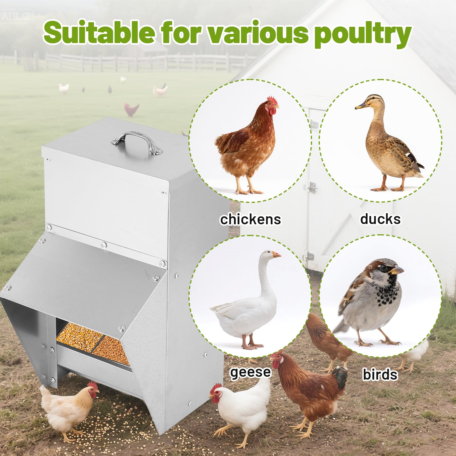 BAOSHISHAN Comedero automático para pollos, comedero de aves de corral montado en la pared con tapa, sin residuos, comedero al aire libre para pollos, pájaros, patos, gansos (10 kg)