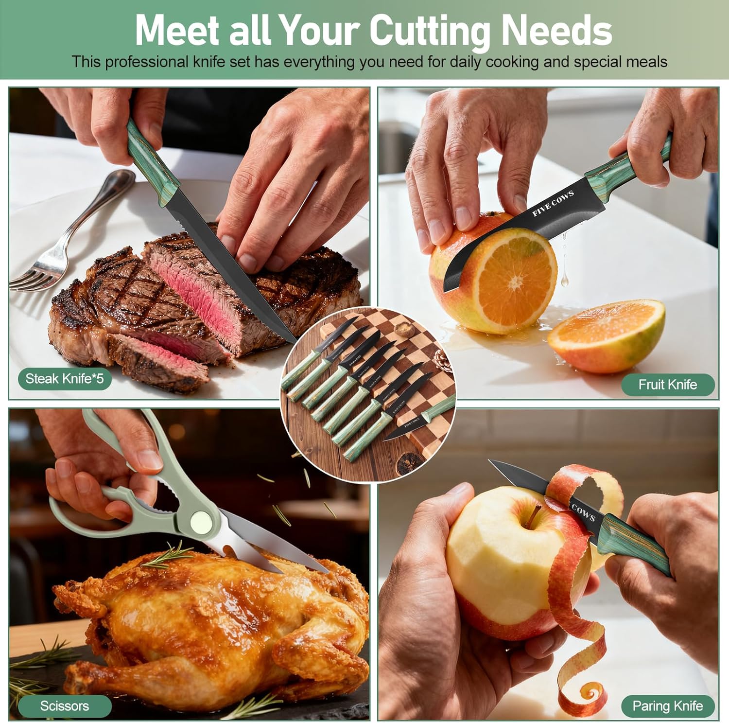 16-Piece Kitchen Knife Block Set with Cutting Board - German Stainless Steel Knives, Built-In Sharpener, Dishwasher Safe, Anti-Slip Handle - All-in-One Cutlery Set for Home/Kitchen (Cyan)