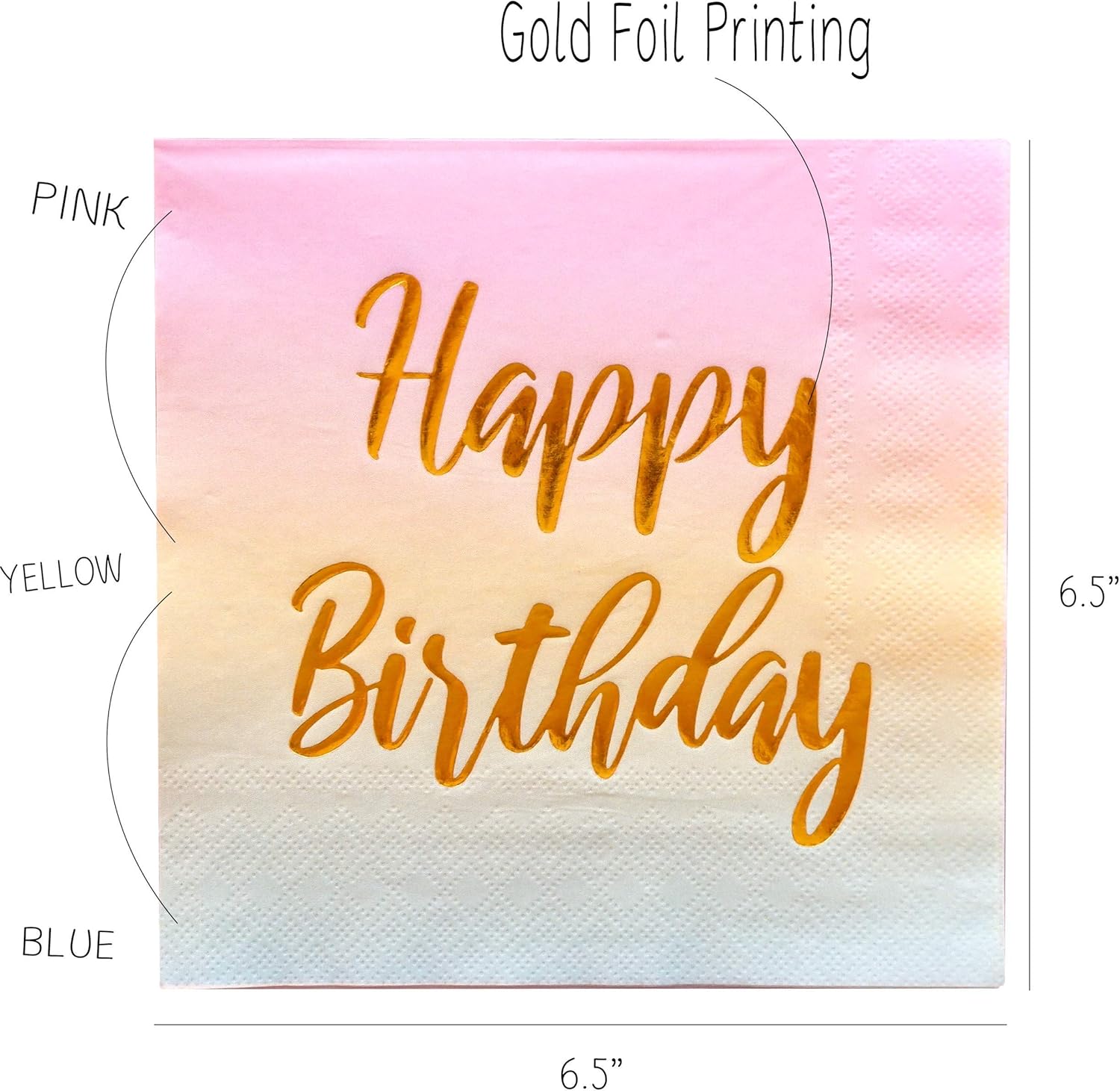 Happy Birthday Napkins - 50 Pack Pastel Metallic Birthday Disposable Paper Napkins with Gold Foil Printing on Pink Yellow Blue Ombre Gradient for Cocktail Party Supplies - 6.5" x 6.5" inches - Image 2