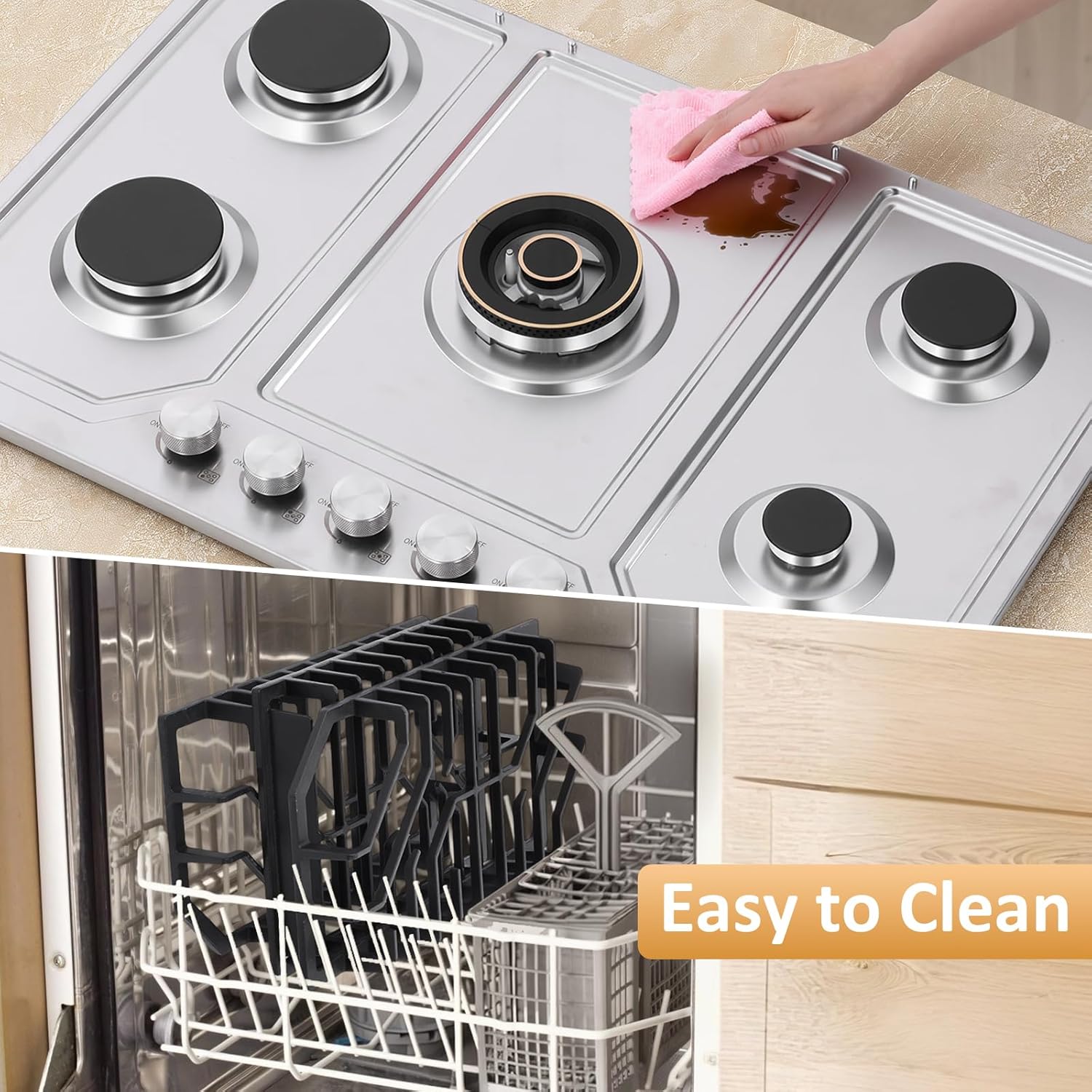 Gas Cooktop 30 Inch Stainless Steel Built-in 5 Burner, LPG/NG Convertible Stove Dual Fuel Gas Hob, Stovetop Max 15000btu