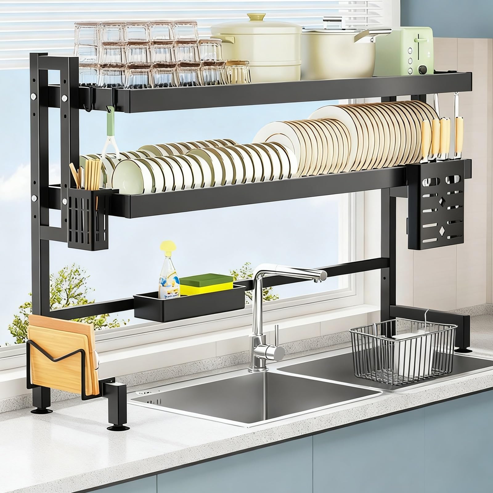 Abtropfgestell für die Spüle, Küchenutensilienhalter, Organizer, platzsparendes Küchen-Abtropfgestell für Teller und Schüsseln, groß, 124 x 70 cm