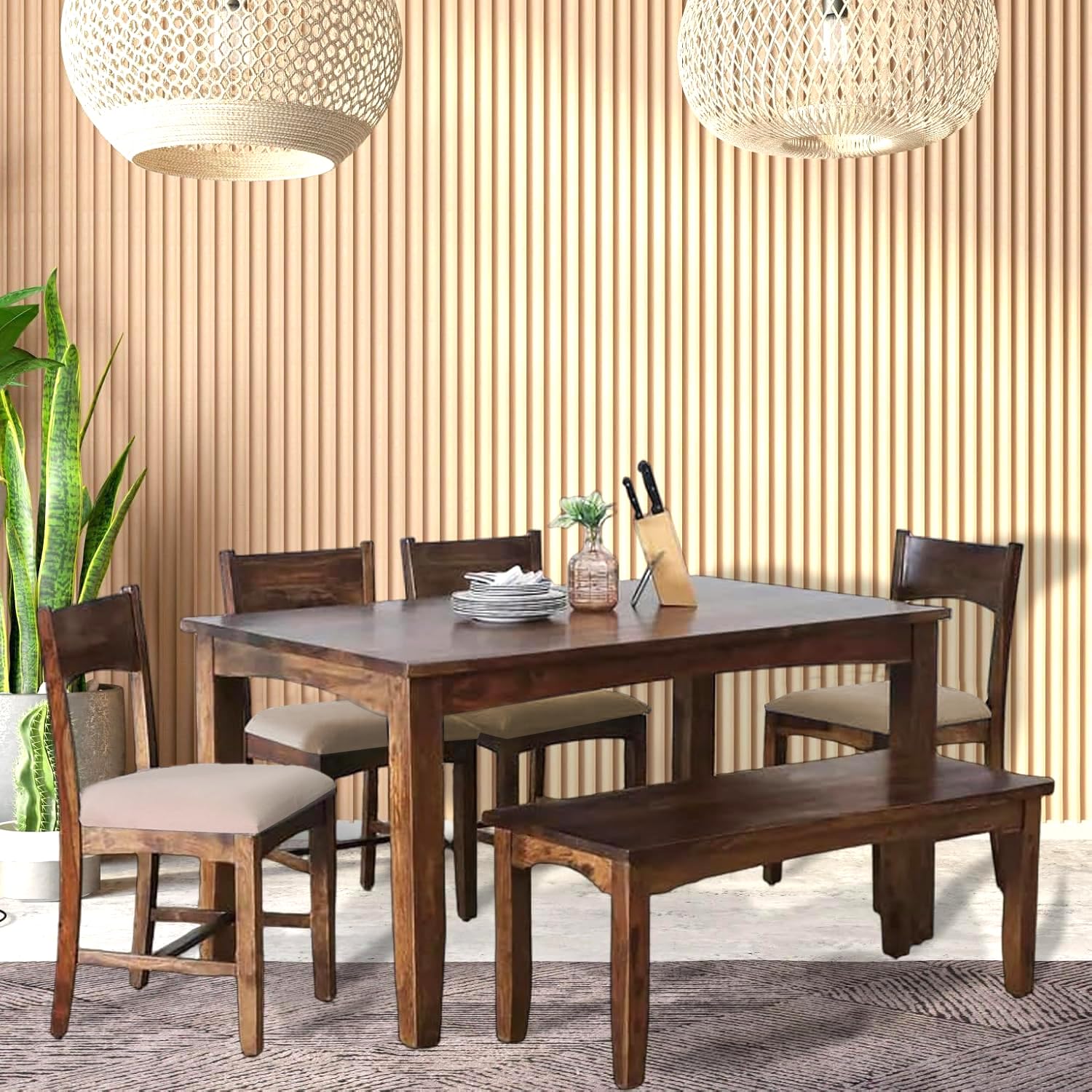 EXCEL HOME 6-Seater Dining Room Set, Solid Wood Table with 4 Chairs and Bench, Provincial Teak Finish with Grey Cushions-image-42