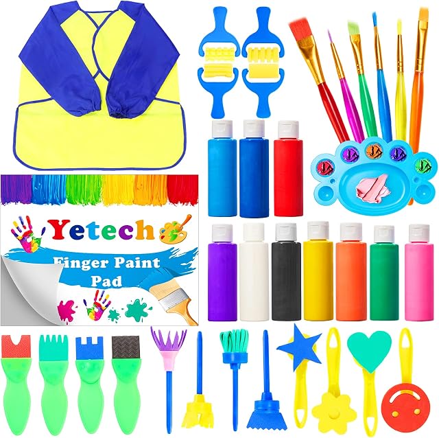 Yetech Kids Washable Finger Paints Set Acrylic paint with 10 colors Non-Toxic Pigment(60ml), Waterproof Apron, Brushes, Finger Paint Pad, Sponge, Palette, Toddlers Kids Painting Set