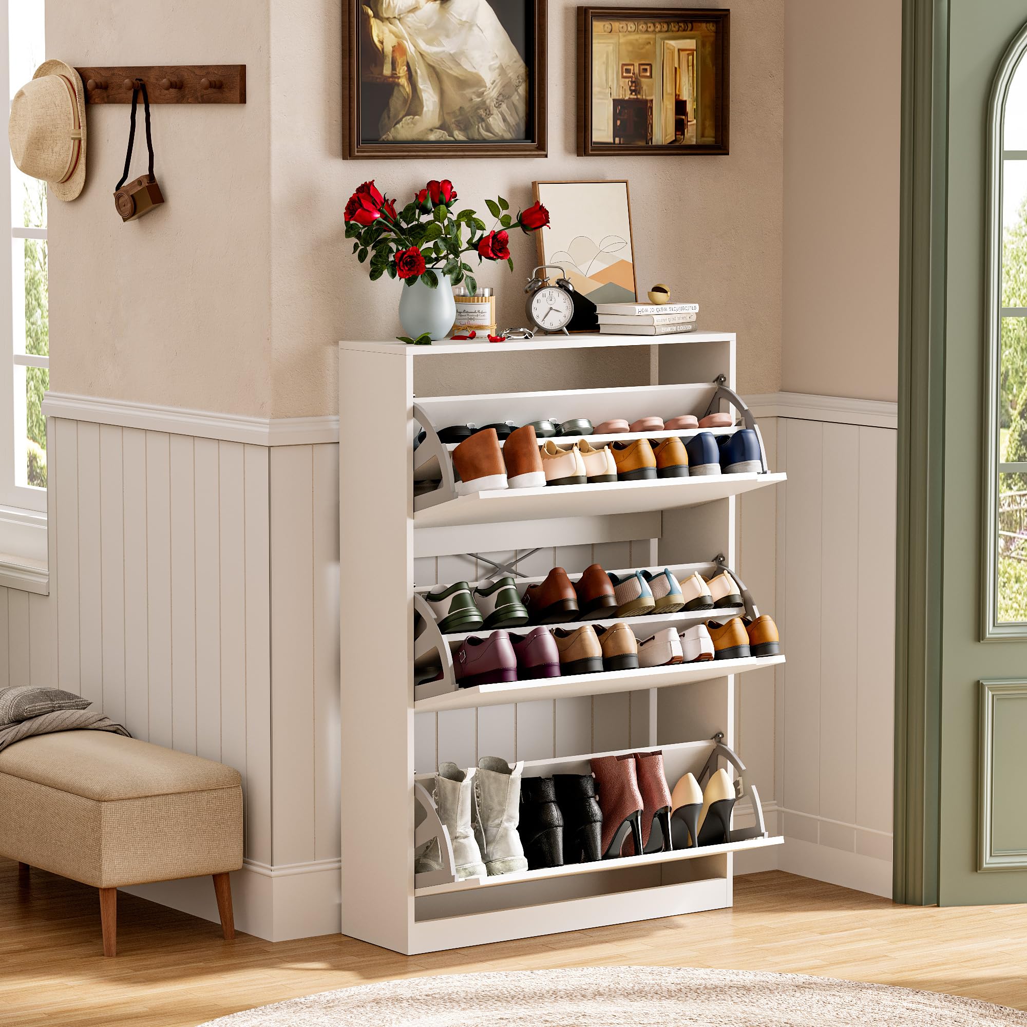 Zapatero 3 Puertas Armarios para Zapatos Estrecho Mueble Zapatero para 24-30 Pares de Zapatos，para Sala de Estar, Pasillo de Entrada, 80x24x118cm Blanco