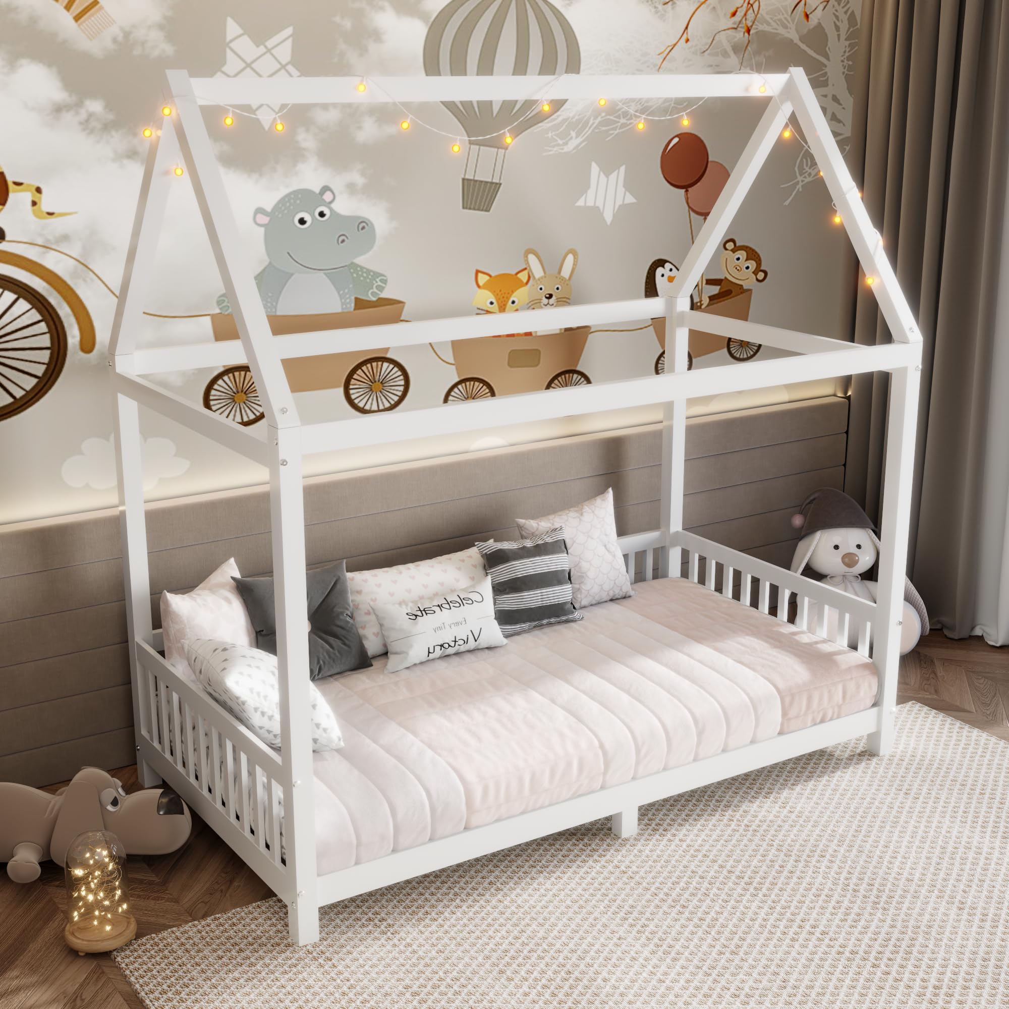 LED Twin Size House Bed for Kids,Montessori Floor Bed Twin Size, Wooden House Bed Frame with Slats and Fence,Twin Bed Frame for Girls,Boys,White
