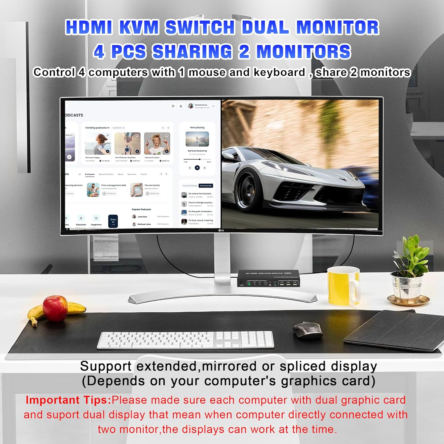 4 Port HDMI Dual Monitor KVM Switch, Supports EDID, 4K 60Hz KVM Switch 2 Monitors 4 Computers, with Audio Microphone Output and 3 USB 2.0 Ports, PC Monitor Keyboard Mouse Switcher for 4 PCs
