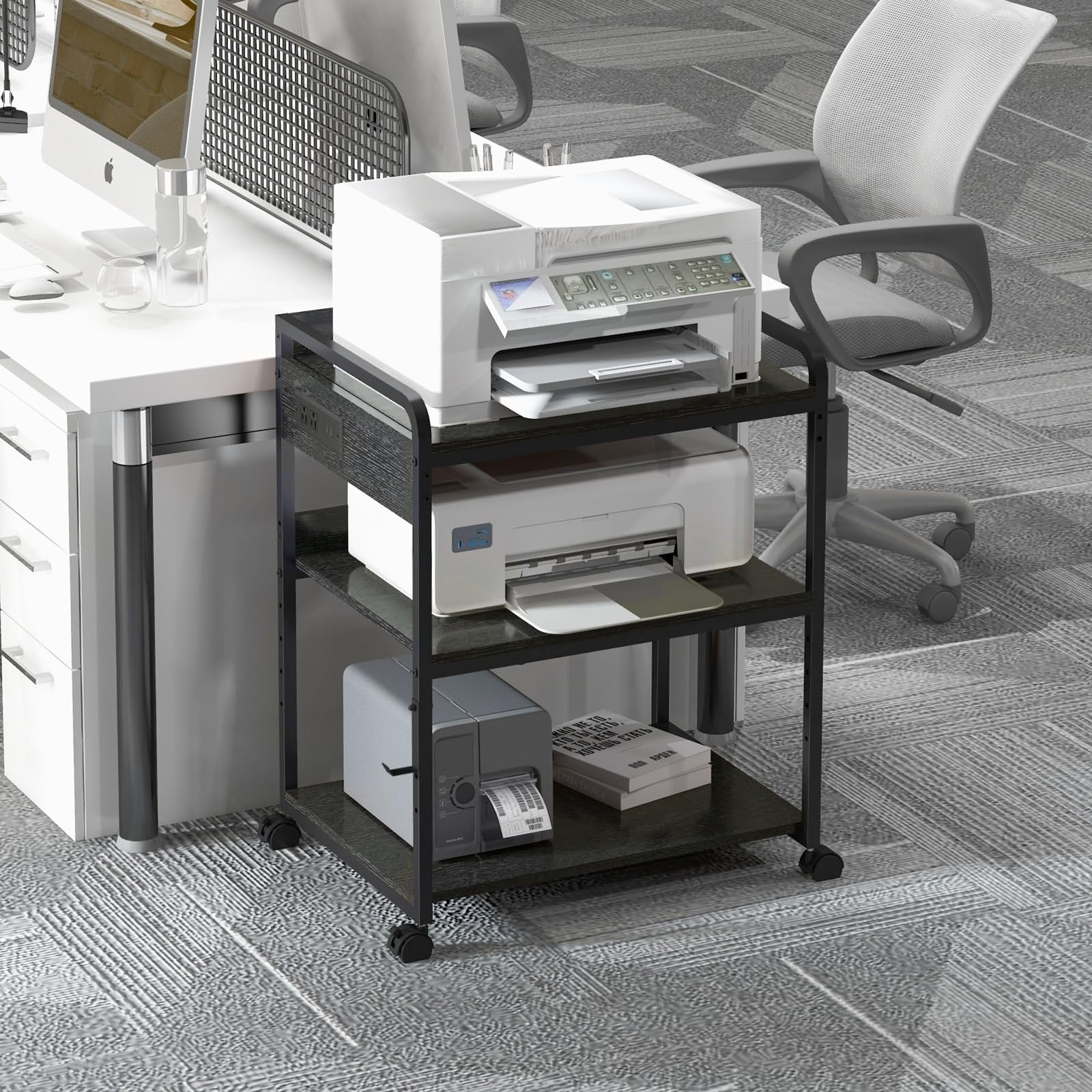 Livofloral Printer Stands with Charging Station 25 2 x 18 9 Inch Large Printer Stand with Wheels for — view 8