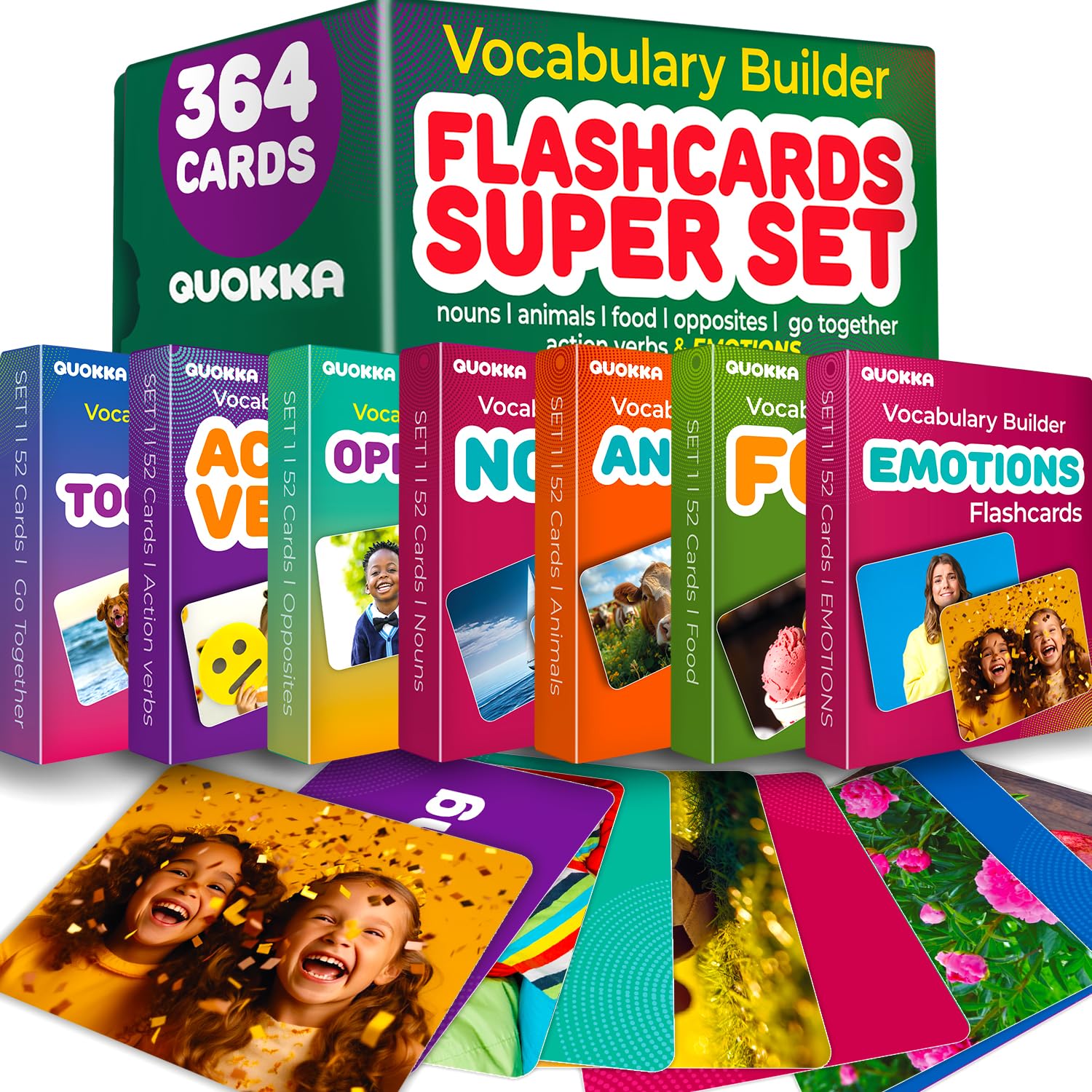 QUOKKA 364 Flash Cards for Kids Adults, Real-Life Large Preschool Flash Cards for Speech Therapy ABA Therapy, ESL Teaching