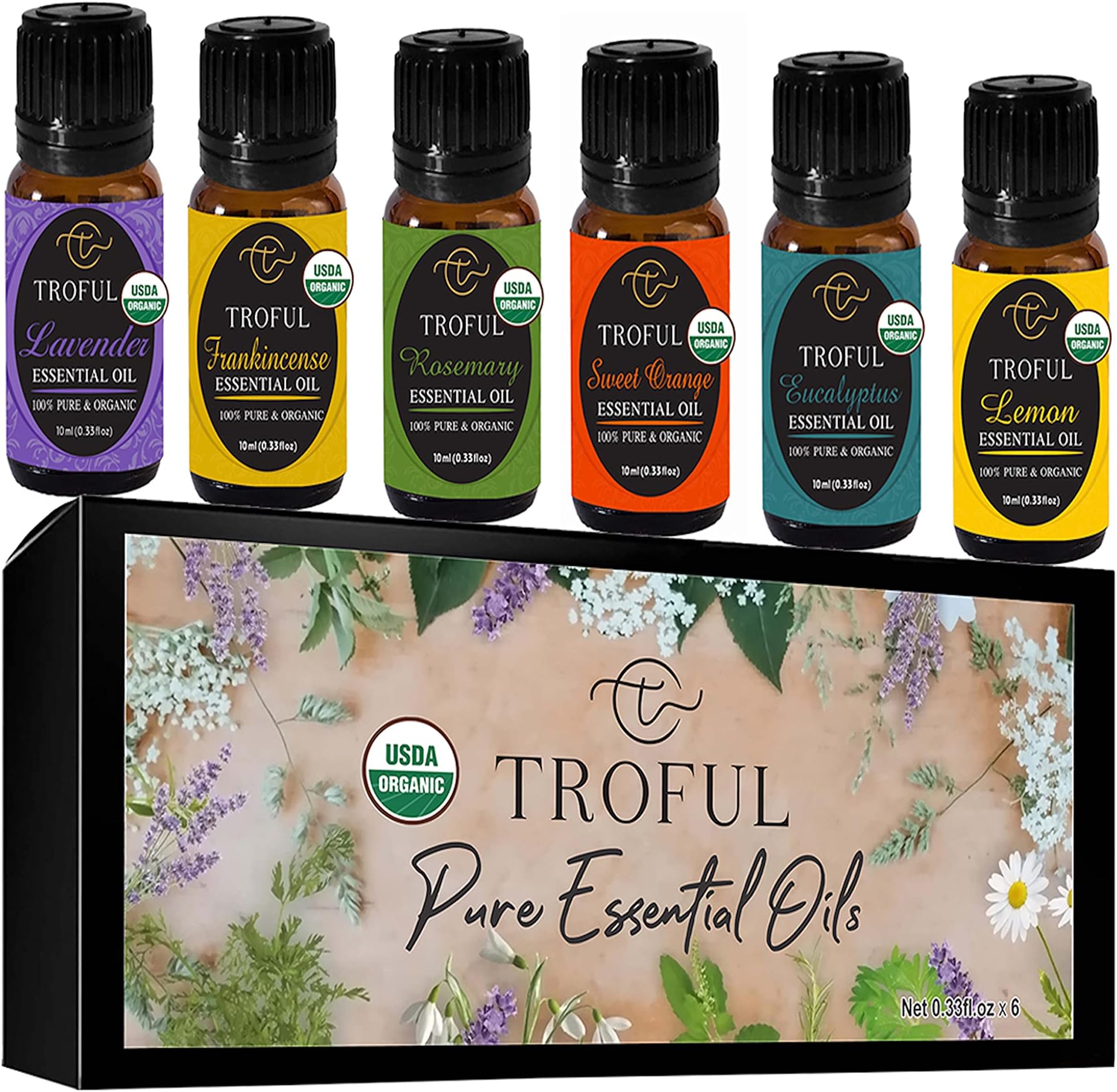 Troful USDA Organic Top 6 Essentials Oils Set, 100% Pure, Natural Lavender, Sweet Orange, Frankincense, Lemon, Rosemary, Eucalyptus Essential Oil for Aromatherapy, Diffusers, Skin, Hair Care-10ml x 6