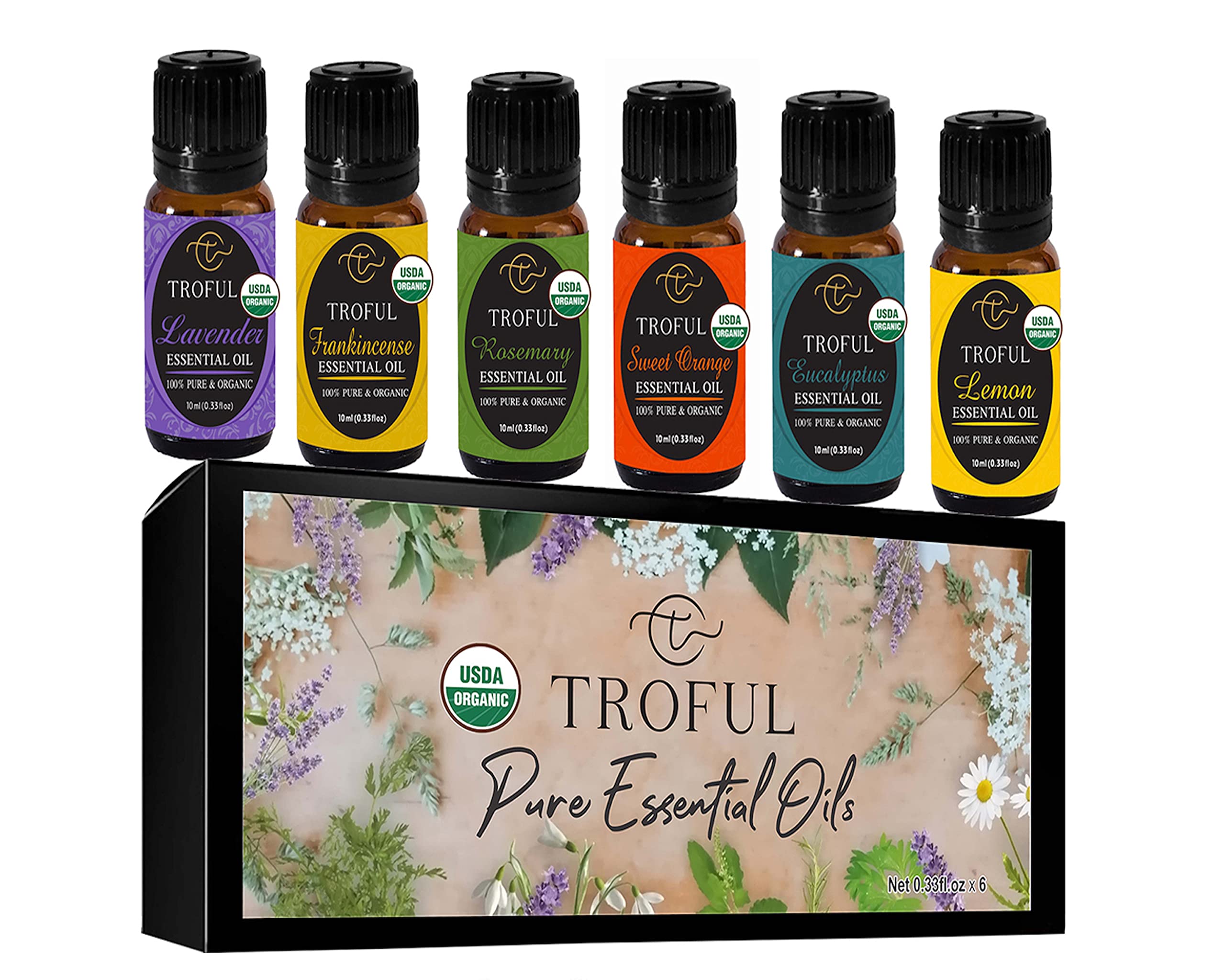 Troful USDA Organic Top 6 Essentials Oils Set, 100% Pure, Natural Lavender, Sweet Orange, Frankincense, Lemon, Rosemary, Eucalyptus Essential Oil for Aromatherapy, Diffusers, Skin, Hair Care-10ml x 6