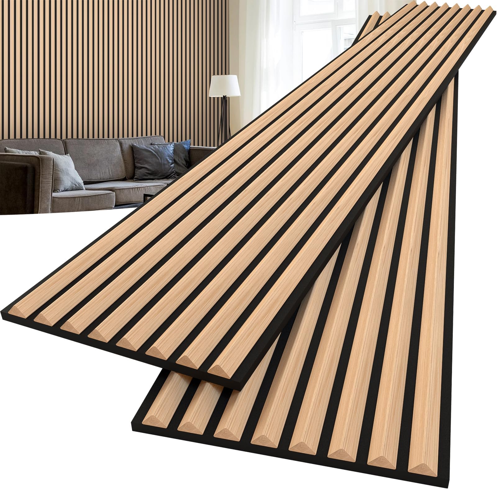 2-Pcs 94.5"x11.02" Triangular Slat Wood Panels for Interior Wall Decoration,Wooden Slat Panels for Noise Reduction,Sound Panels with Solid Wood Veneer,Acoustic Panels for Home,Office,Natural Oak