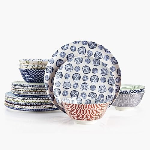 Amazingware Juego de vajilla de porcelana, 18 piezas, servicio para 6, diseños surtidos