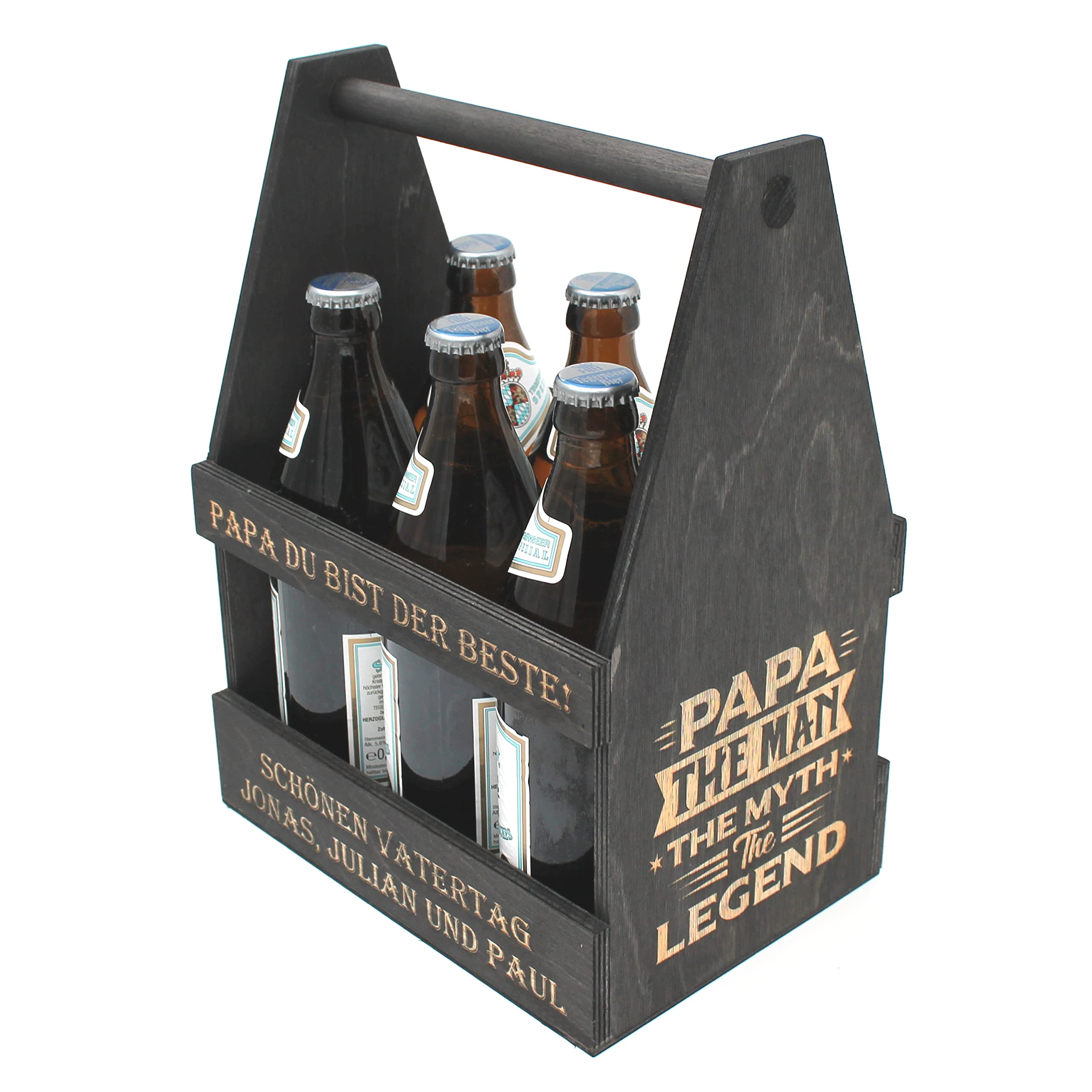 Generisch Bierträger personalisiert Sixpack Flaschenträger in SCHWARZ mit Gravur und Motiv, Männerhandtasche Geschenk für Männer Geschenk zum Vatertag Bierkiste für die Grillfeier