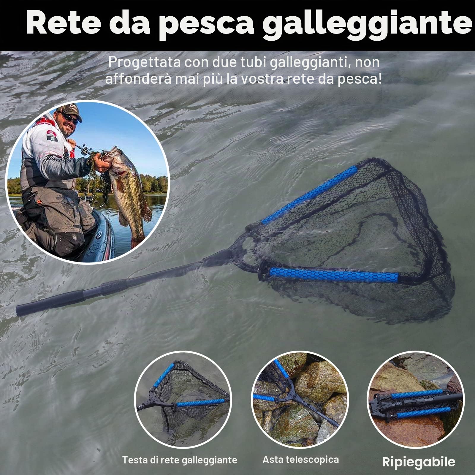 PLUSINNO - Retino da pesca per pesci, con manico telescopico pieghevole, rete in nylon resistente, cattura o rilascio sicuro dei pesci