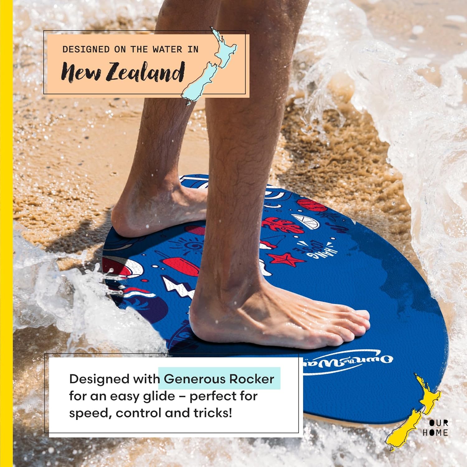 Own the Wave New Zealand ‘Hang Loose’ Skimboard with Colored EVA Grip Pad and High Gloss Clear Coat Wooden Skim Boards for Kids and Adults | Choose from 2 Sizes and Traction Pad Color