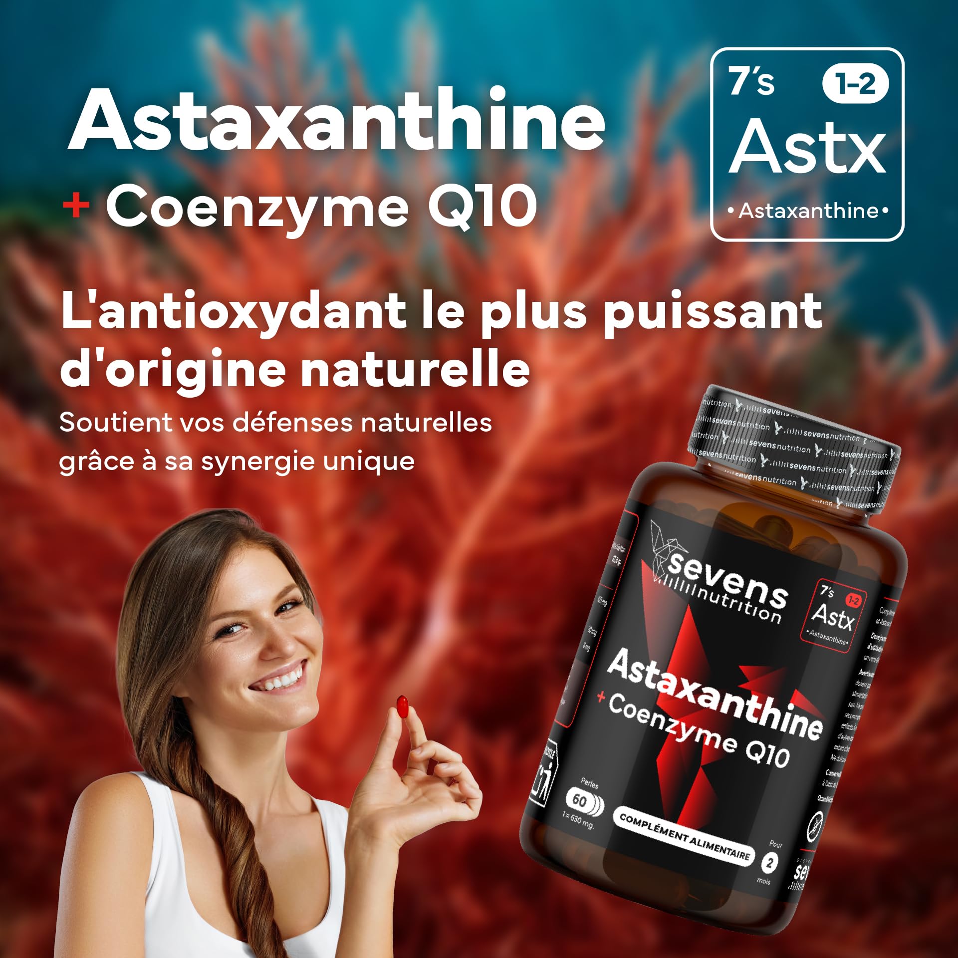 Astaxanthine Naturelle Astapure® avec Coenzyme Q10 et Huile d’Olive Vierge Extra – Antioxydants Puissants pour Yeux Peau Immunité – 60 Softgels Haute Absorption – Sevens