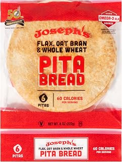 Joseph's Flax Oat Bran Whole Wheat Pita Bread - Low Carb 7g Net, 6g Protein, Omega-3 Rich, Vegan Kosher 6 Loaves 8oz