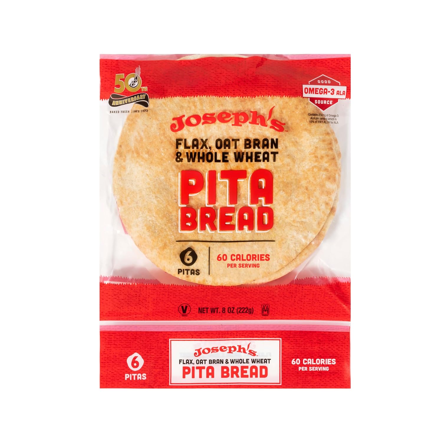 Joseph's Flax Oat Bran Whole Wheat Pita Bread - Low Carb 7g Net, 6g Protein, Omega-3 Rich, Vegan Kosher 6 Loaves 8oz